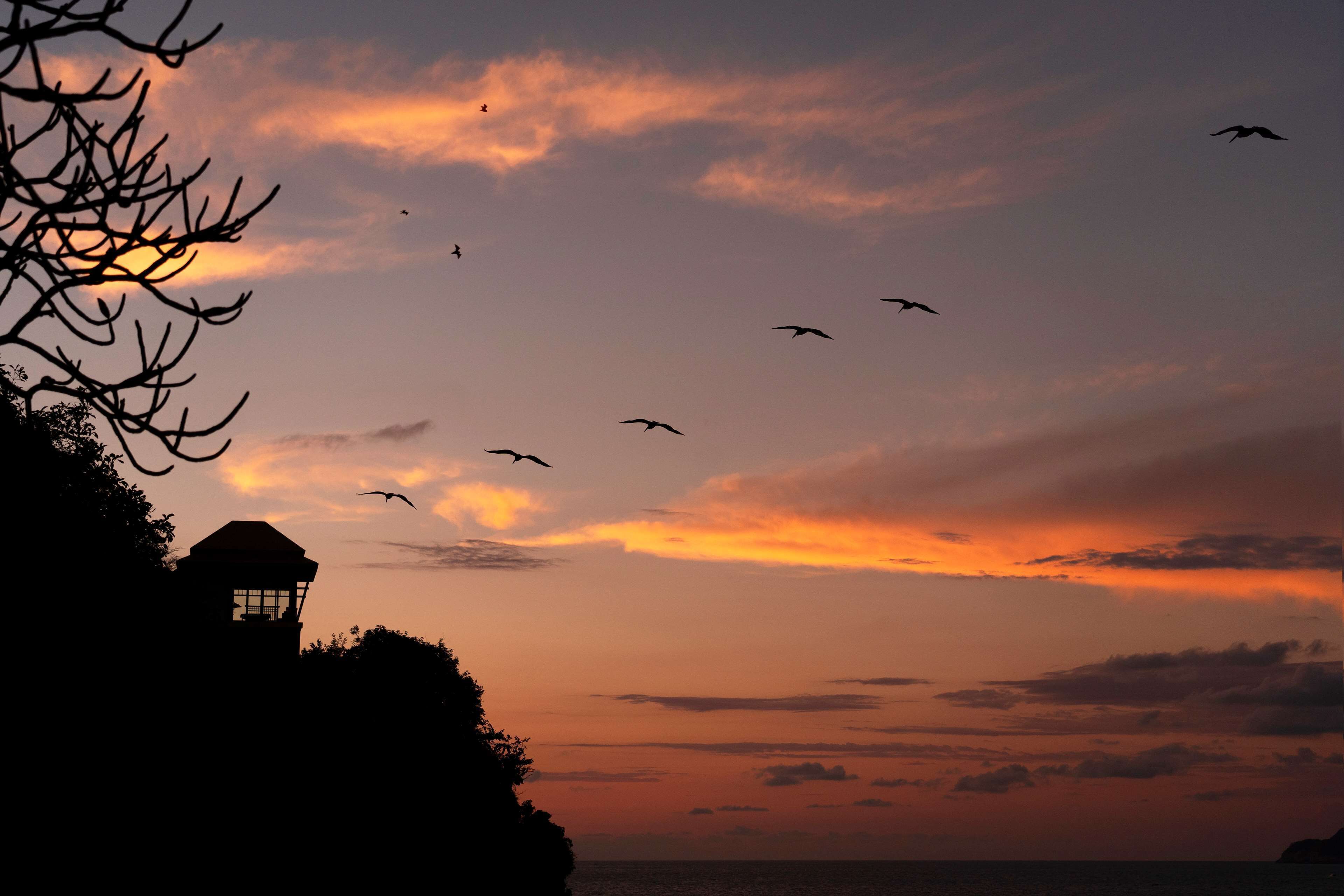 A silhouette of a building with a dome structure, likely a lighthouse or observation tower, overlooking a body of water during sunset.