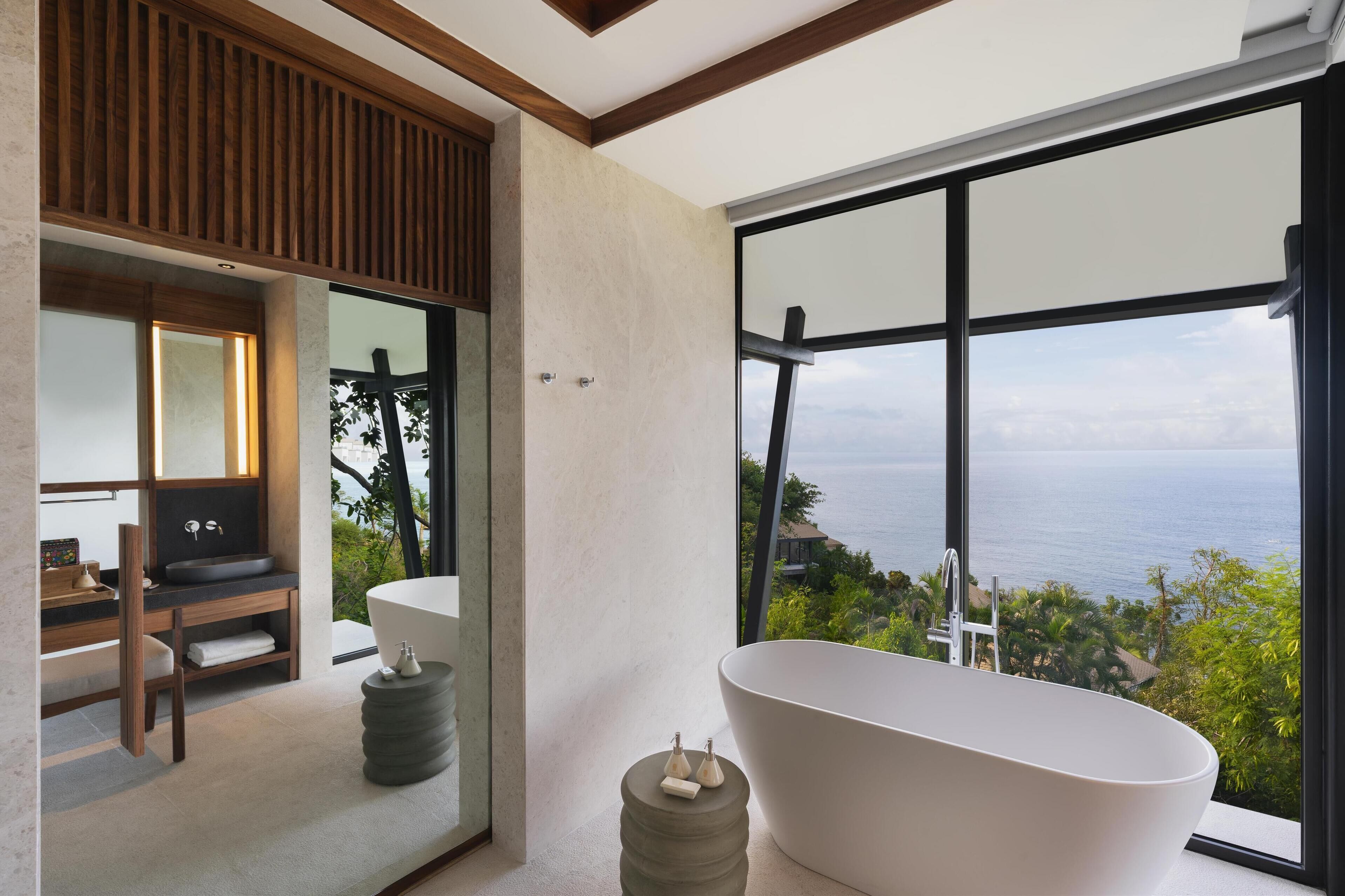ocean front pool villa | bathroom | separate bathtub and shower, deep-soaking bathtub, rainfall showerhead