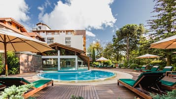 Indoor pool, outdoor pool, sun loungers