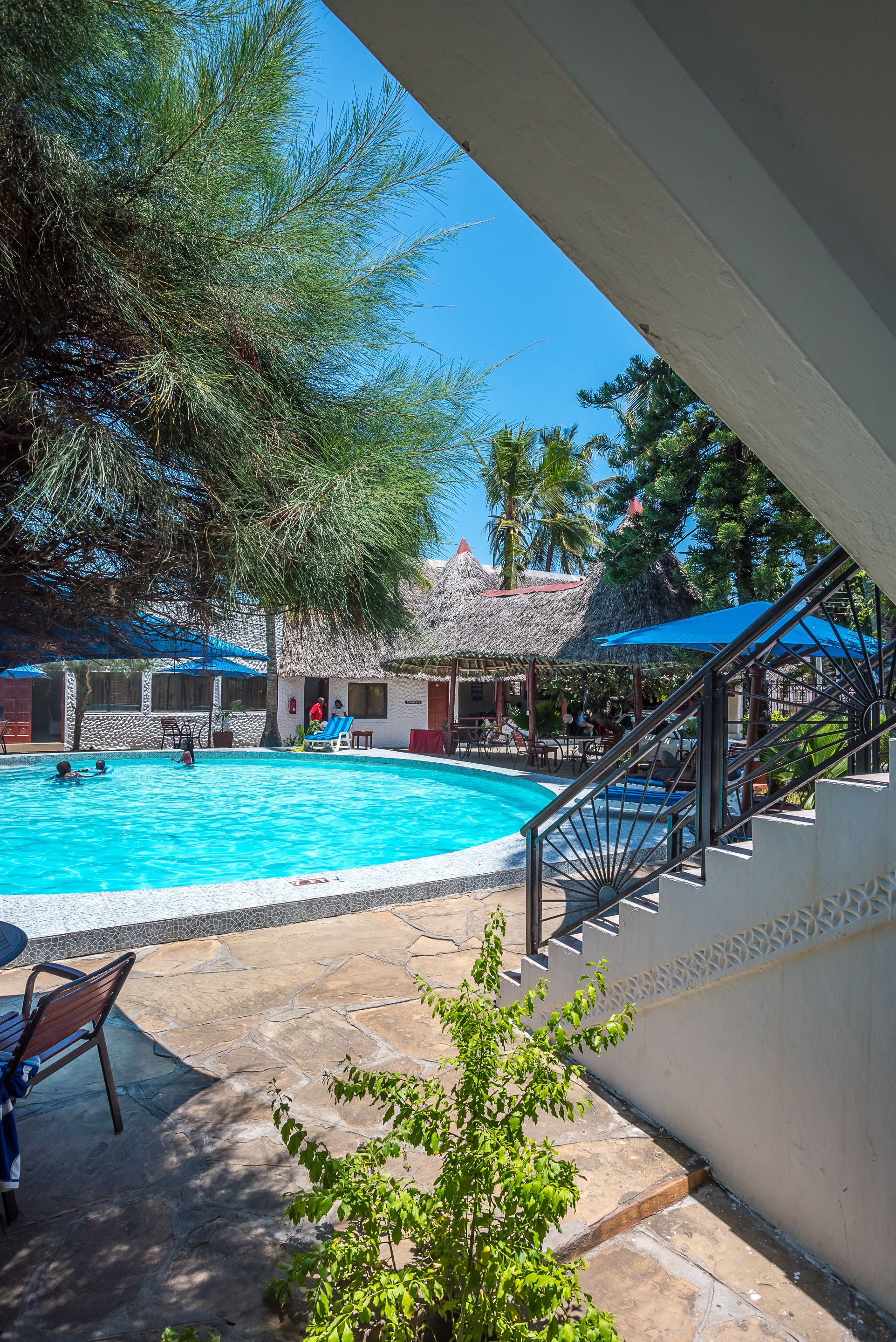 Une piscine entourée d’arbres, avec des chaises longues et des parasols, et un bâtiment à toit de chaume à proximité.