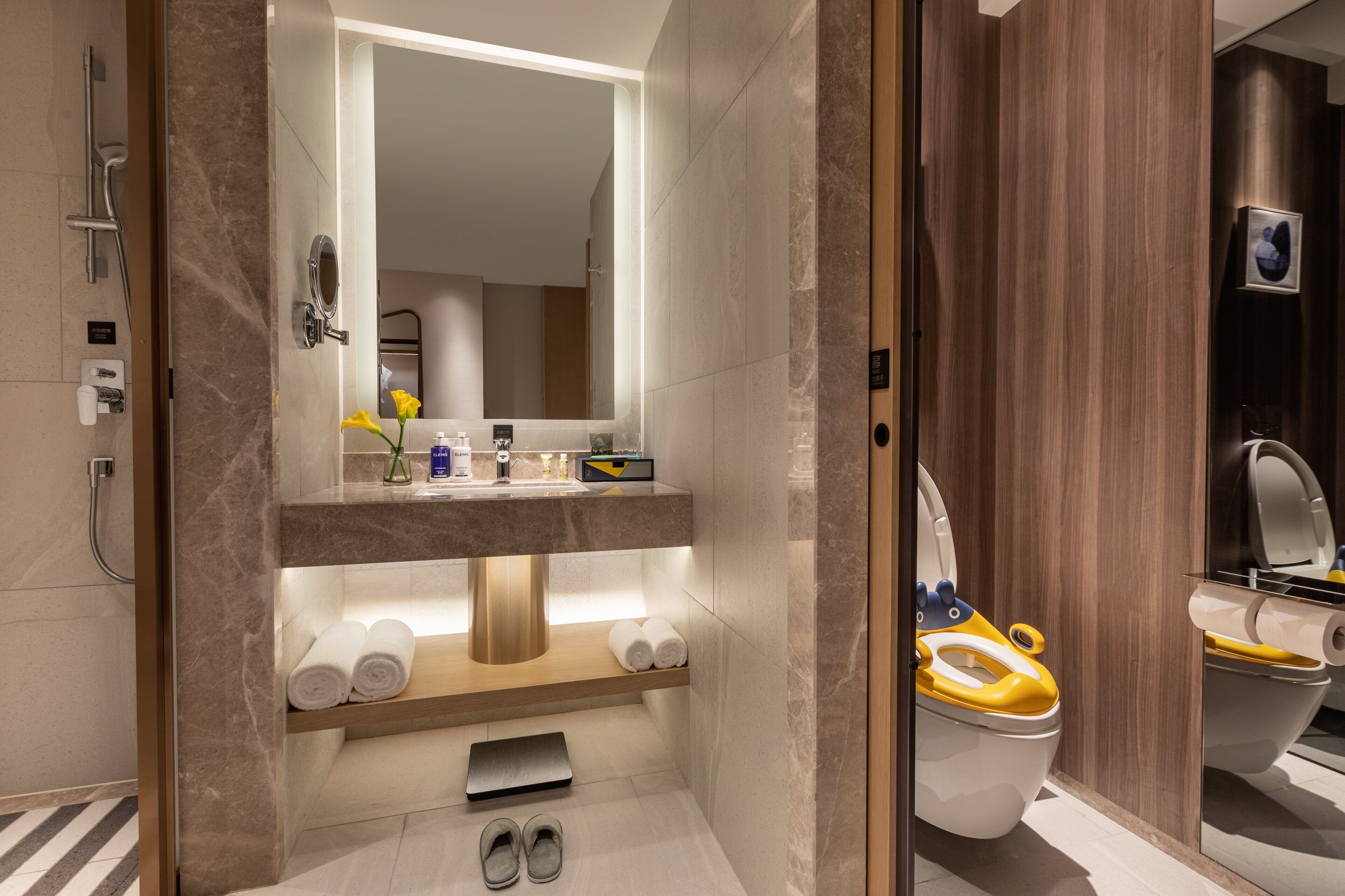 A modern bathroom with a vanity, mirror, shower, and toilet.