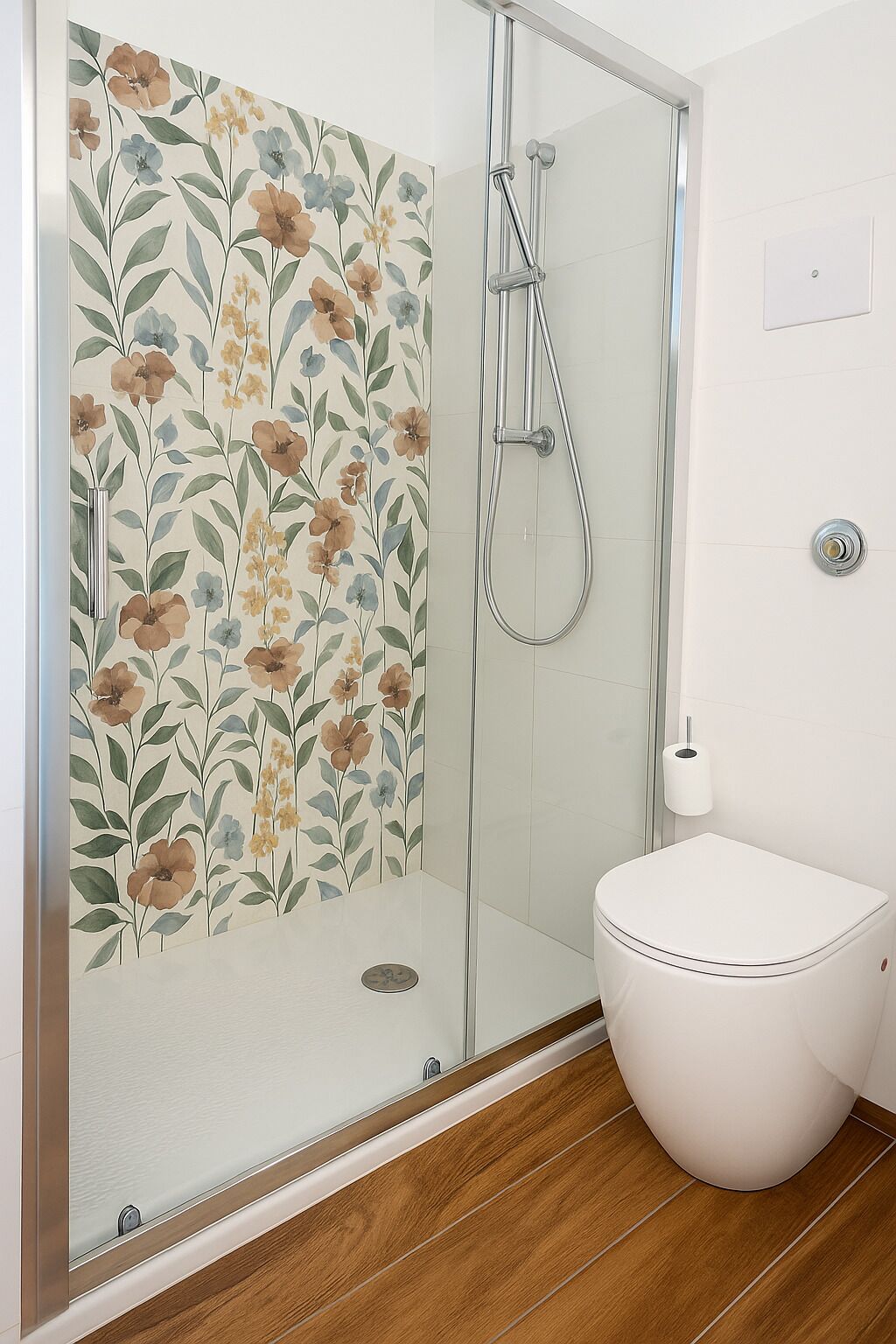 Et badeværelse med brusekabine i glas, toilet og væg med blomstret tapet.