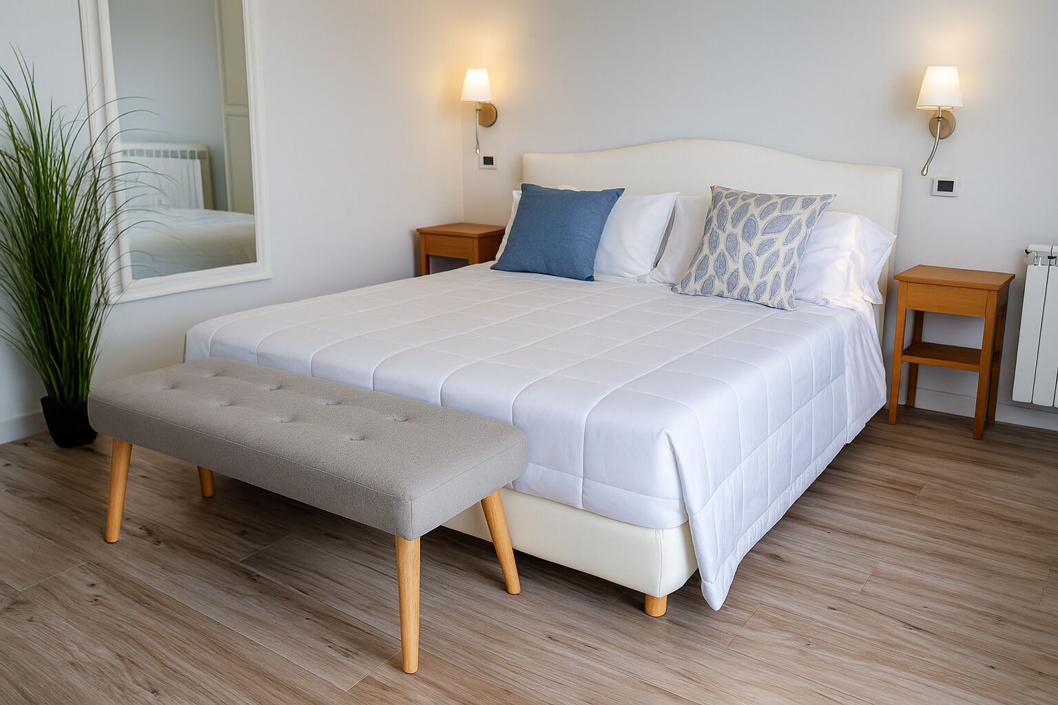 A neatly arranged bedroom with a bed, bedside tables, a bench, and a potted plant.