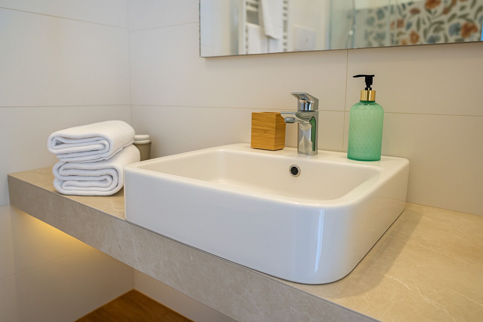 Un baño con un lavabo blanco, un jabonera de madera y un dispensador de jabón verde.