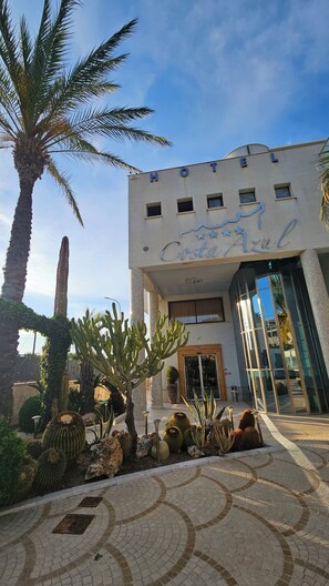 A hotel entrance with a palm tree, cacti, and a tiled walkway.