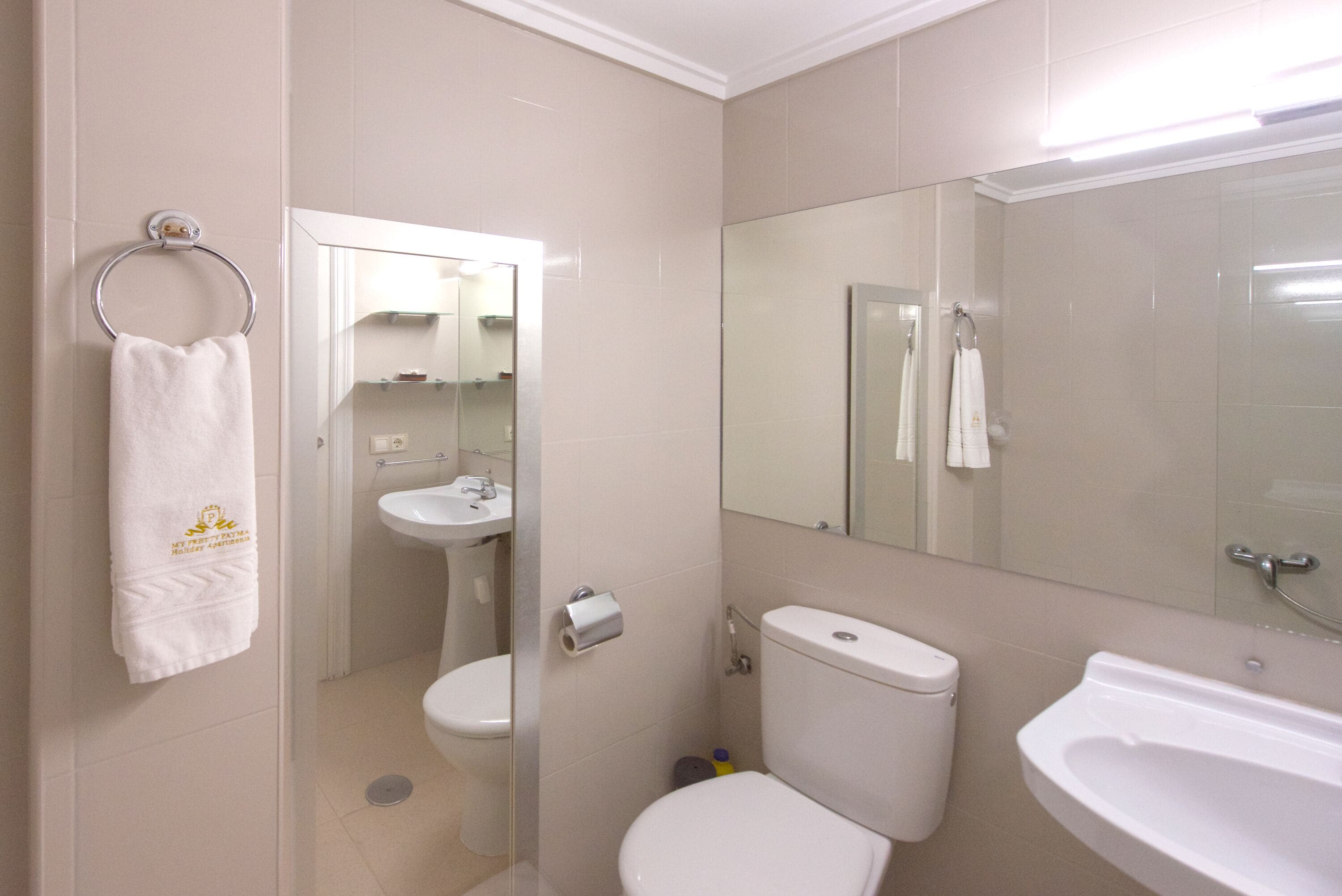 A bathroom with a toilet, sink, and mirror.
