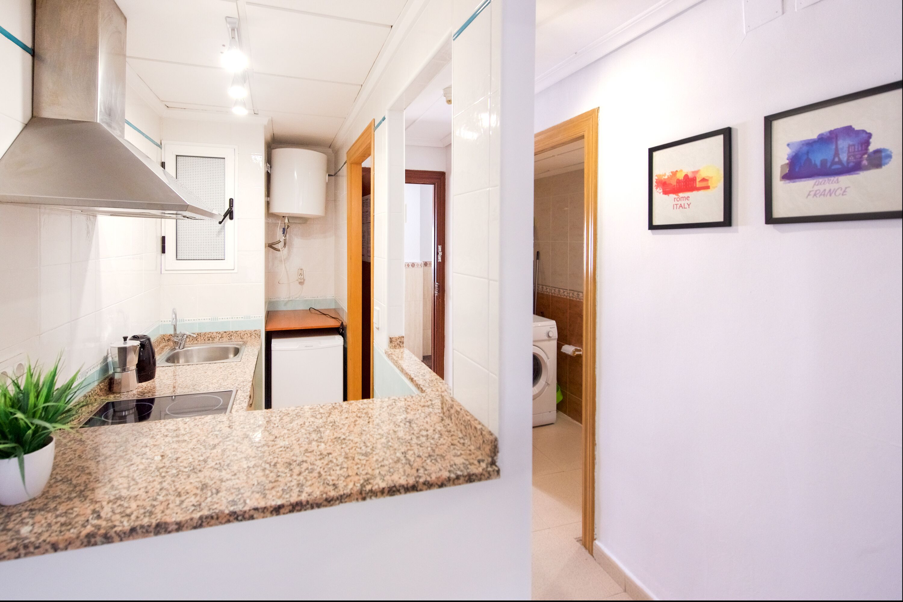 A modern kitchen with granite countertops, a stainless steel range hood, and a built-in dishwasher. There are framed pictures on the wall and a potted plant on the counter.