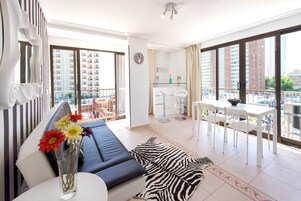 Comfort Apartment, 2 Bedrooms, Kitchen, Beach View | Living area | 32-inch LCD TV with cable channels, TV