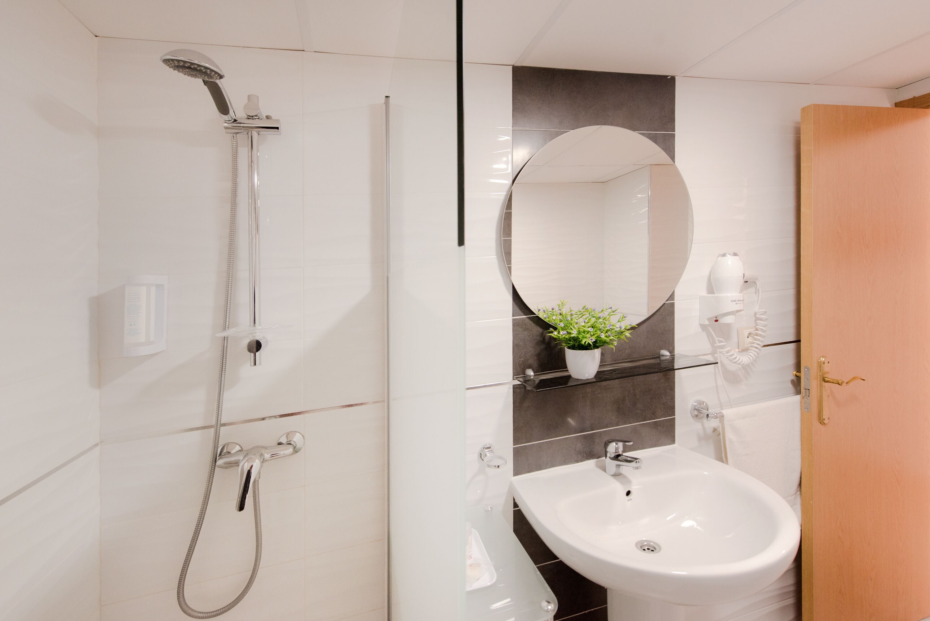 A modern bathroom with a shower, sink, and mirror.