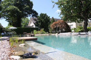 Una piscina cristalina con un suelo de piedra, rodeada de árboles y una casa al fondo.