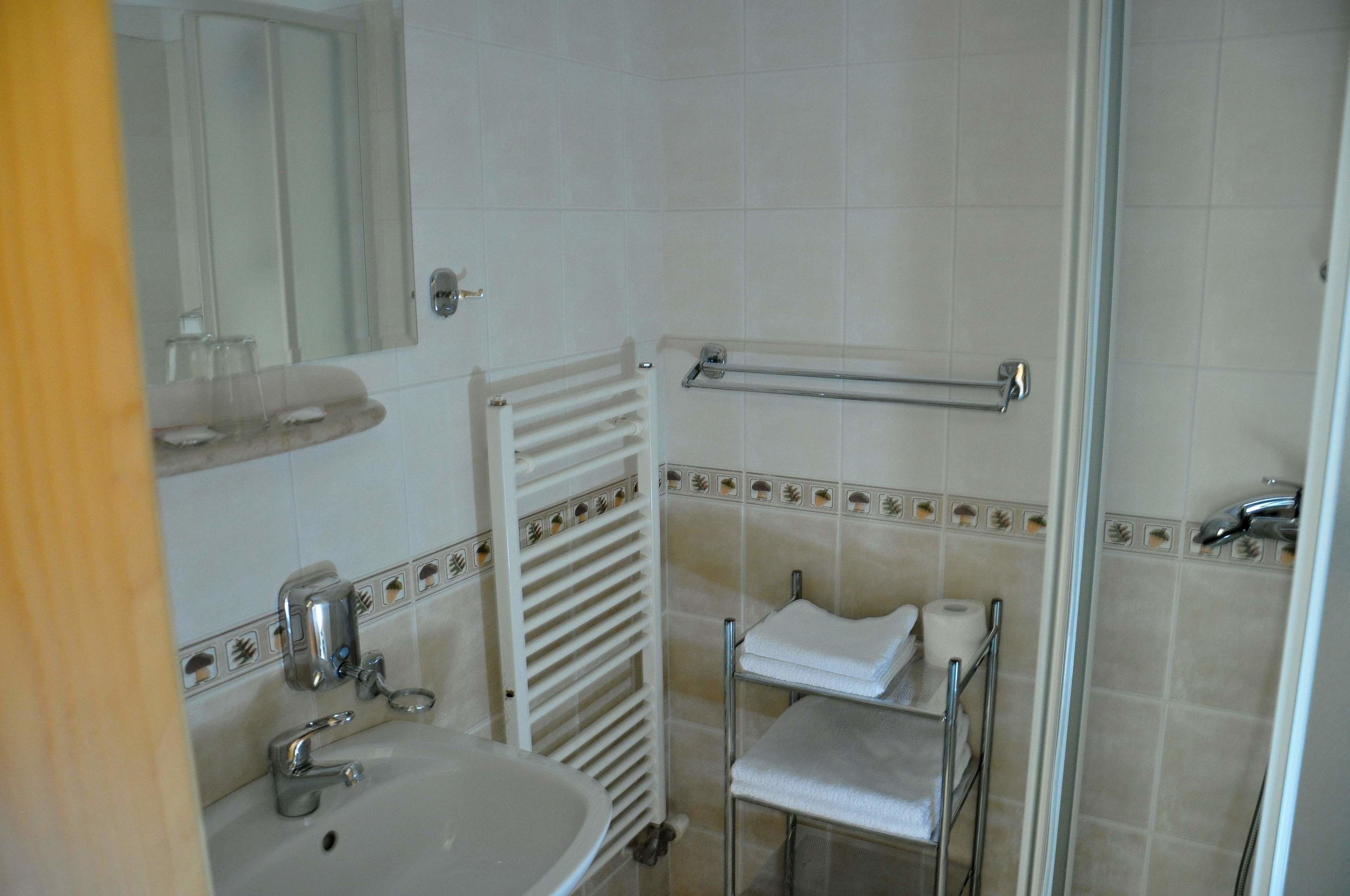 A bathroom with a sink, mirror, towel rack, and shower area.