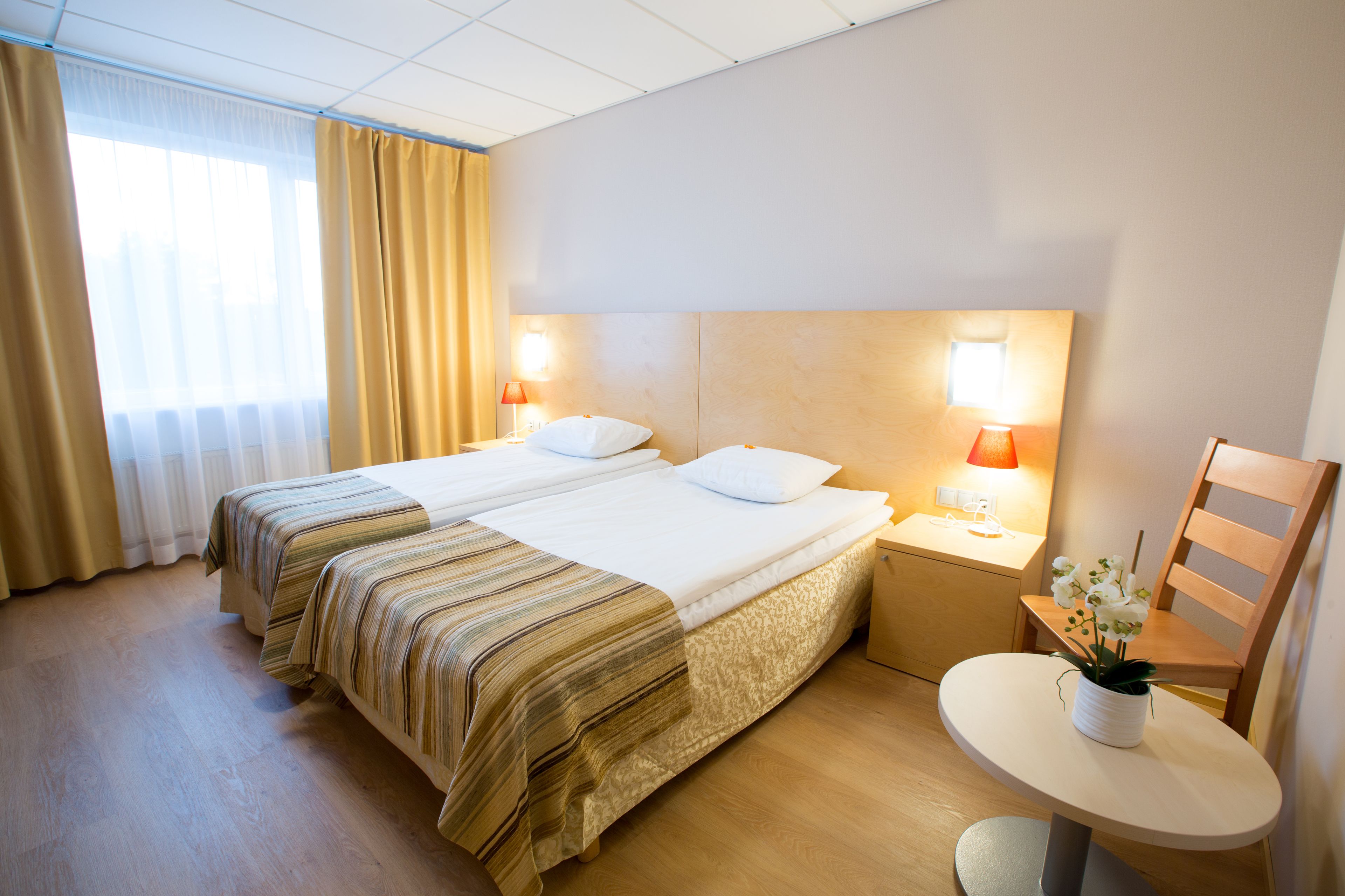 A hotel room with a double bed, bedside tables with lamps, a small round table with a plant, and a wooden chair.