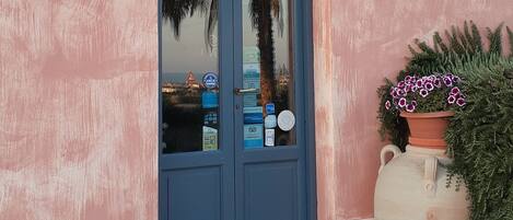 A pink building with a blue door, a large potted plant, and a small step leading to the entrance.
