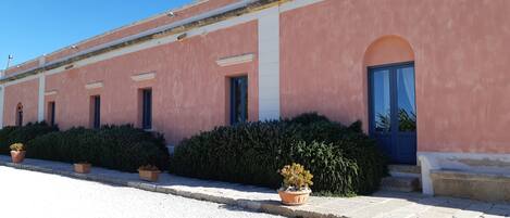 A pink building with multiple windows and doors, potted plants along the sidewalk, and a clear blue sky.