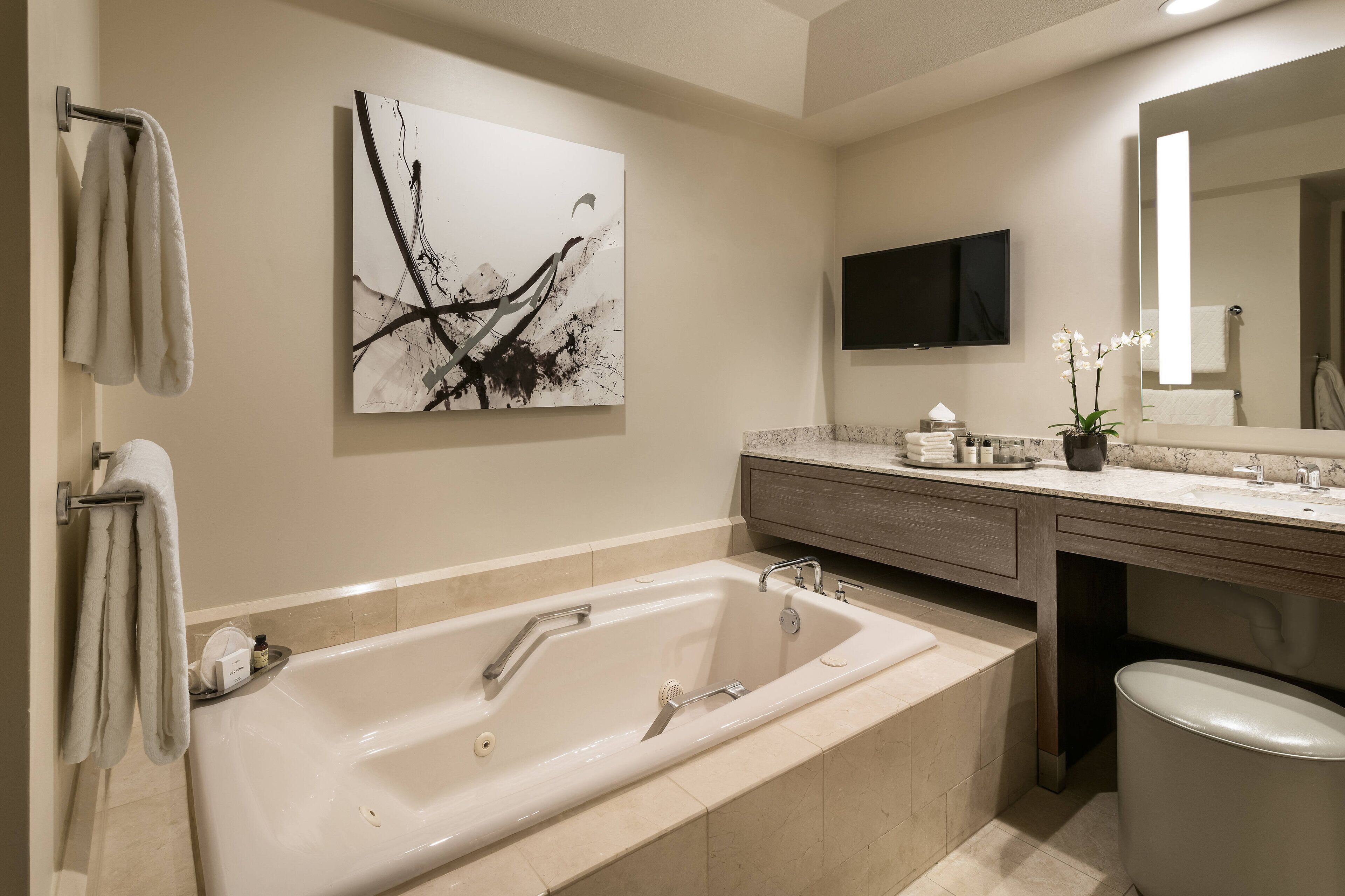 A modern bathroom with a large bathtub, a mounted artwork, a flat-screen TV, and a vanity with a mirror.