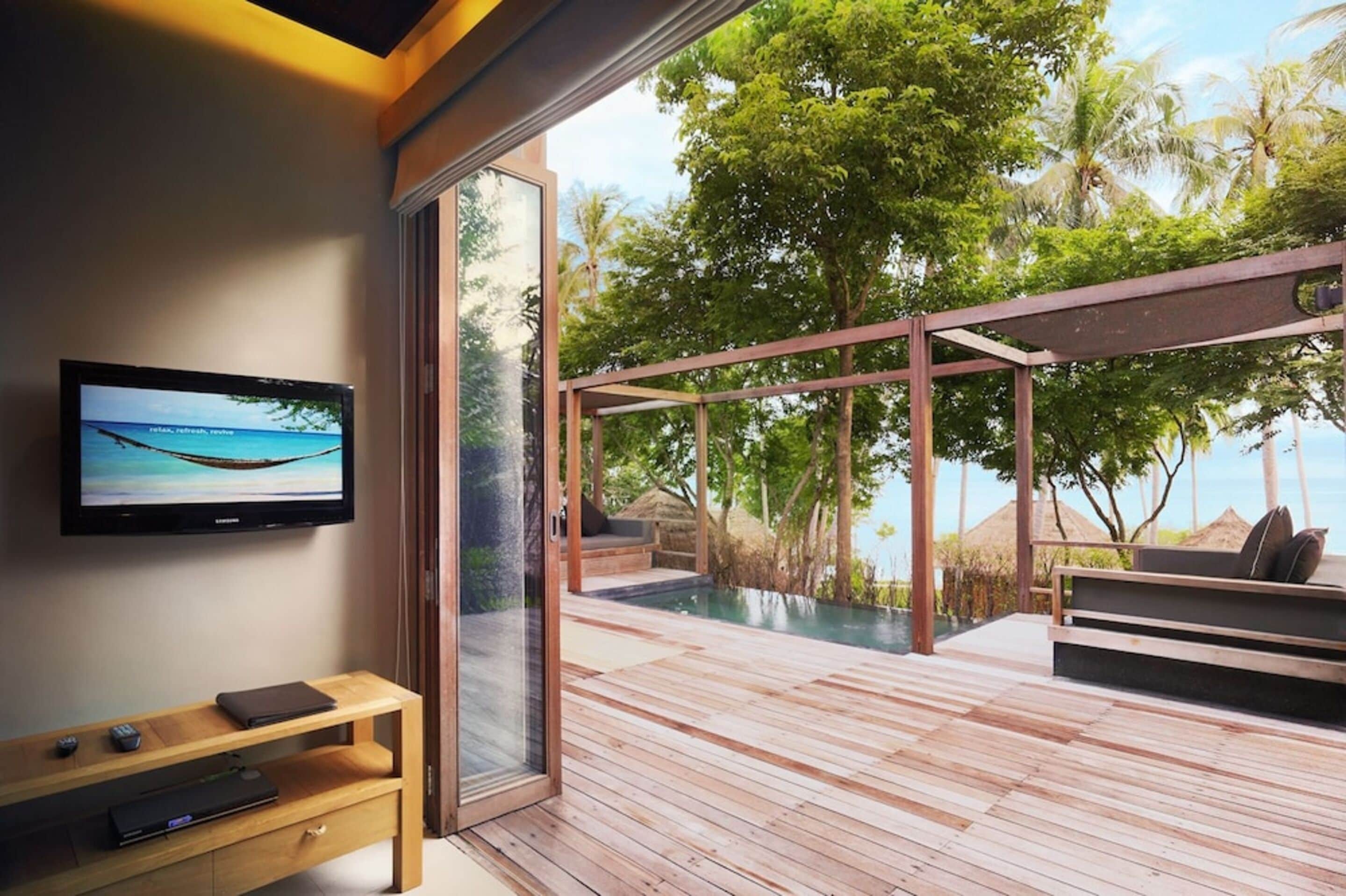 getaway family pool villa | minibar, in-room safe, individually decorated, blackout curtains