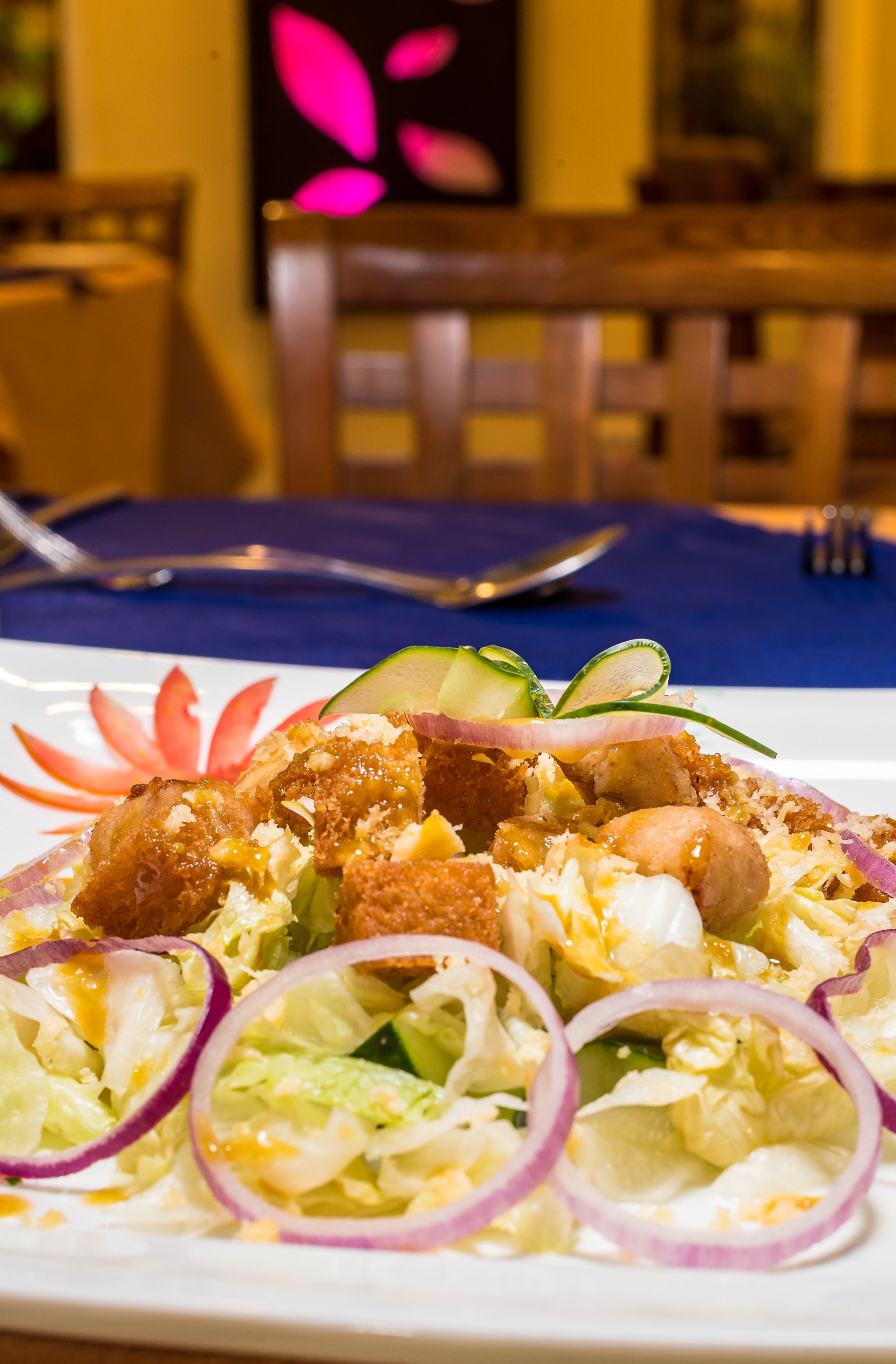 A plate of food with various toppings and garnishes.
