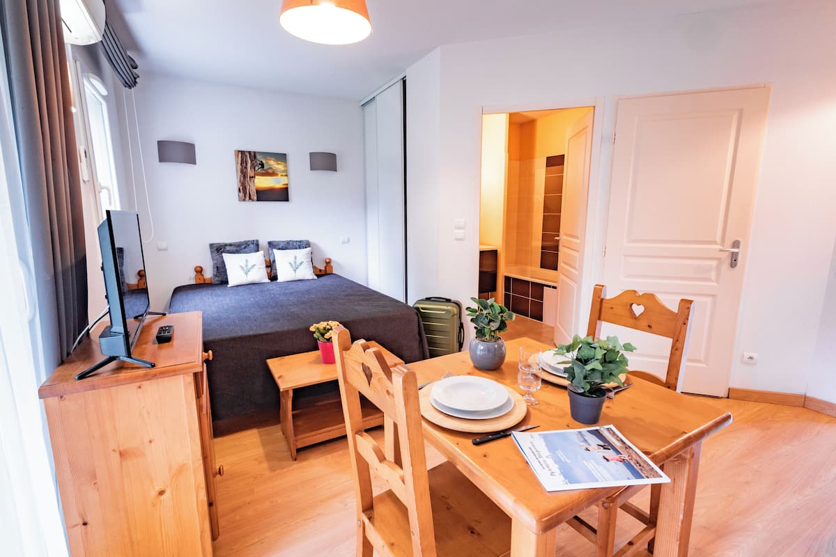 A hotel room with a bed, bedside table, desk, chair, dining table, and a small potted plant.