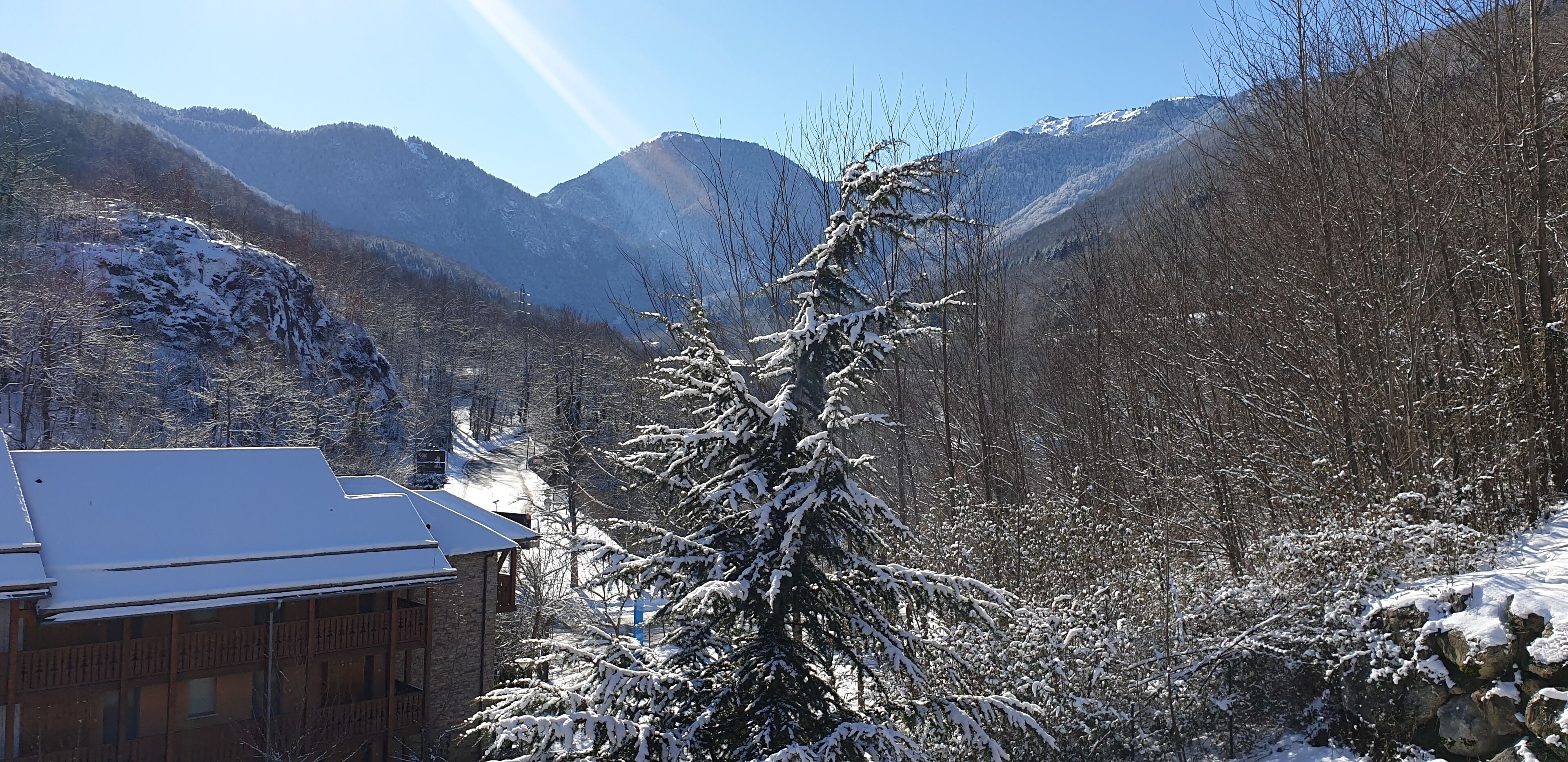 A wooden cabin with a snow-covered roof, surrounded by snow-laden trees and mountains in the background.