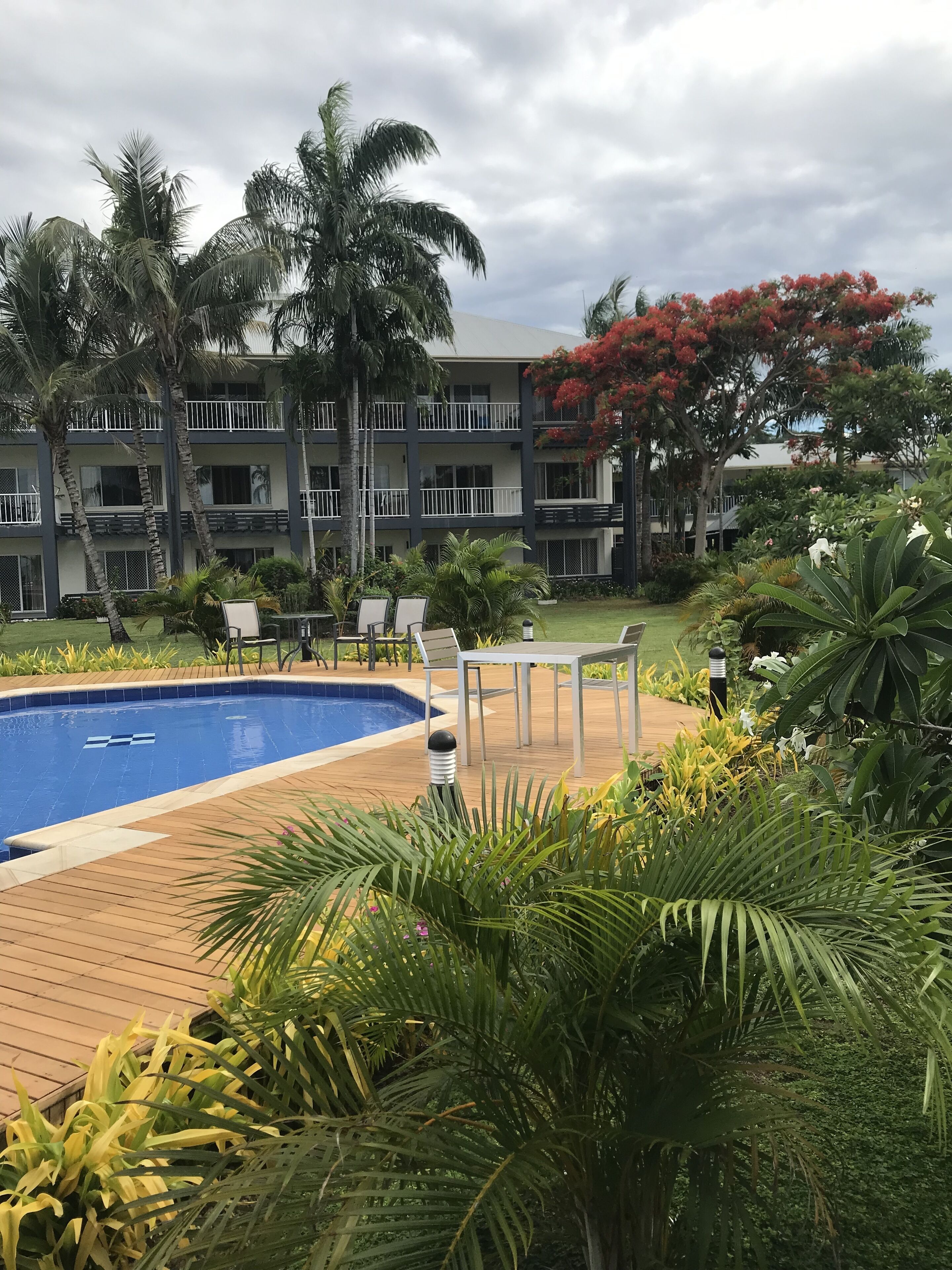 A hotel with a swimming pool, palm trees, and a red flowering tree.