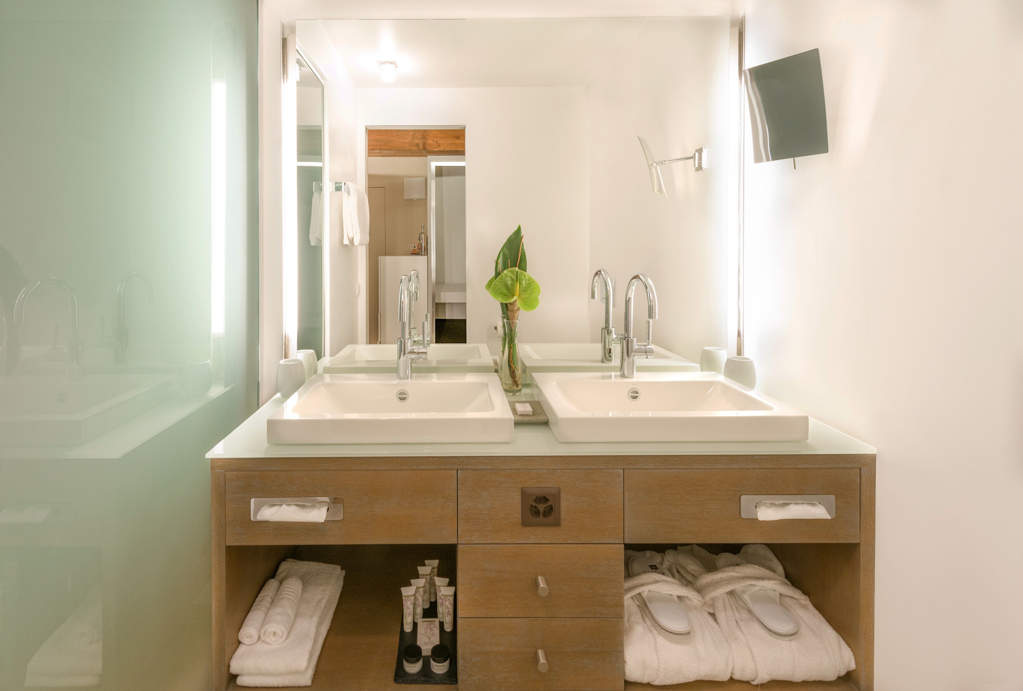 Un baño con dos lavabos, un espejo, una planta y un televisor montado en la pared.