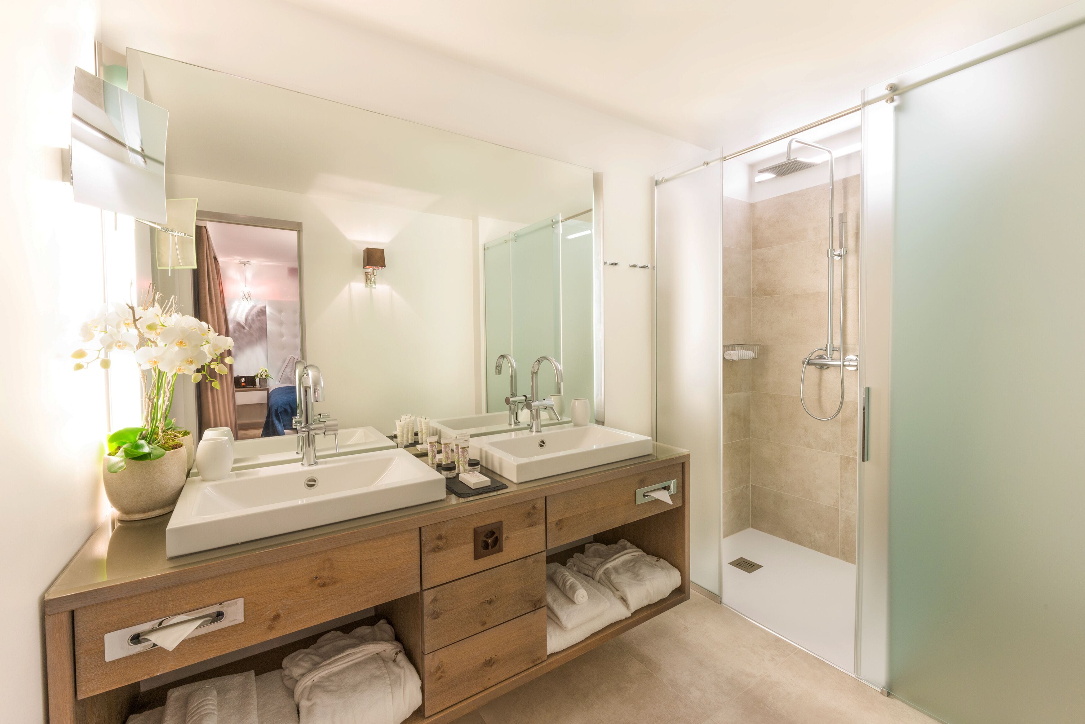 shower, free toiletries, hair dryer, bathrobes