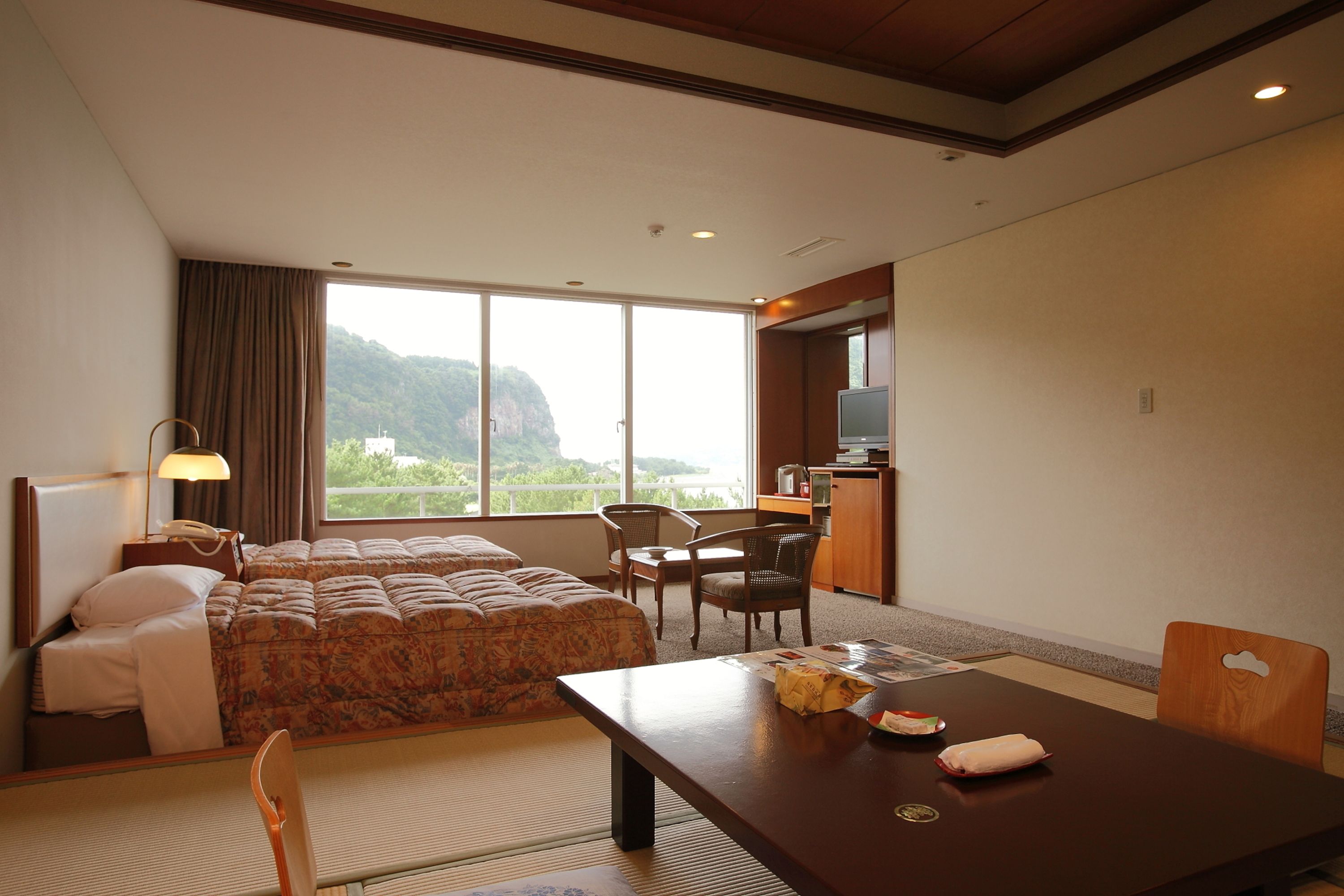 Una habitación de hotel con cama, escritorio y vista a la montaña.