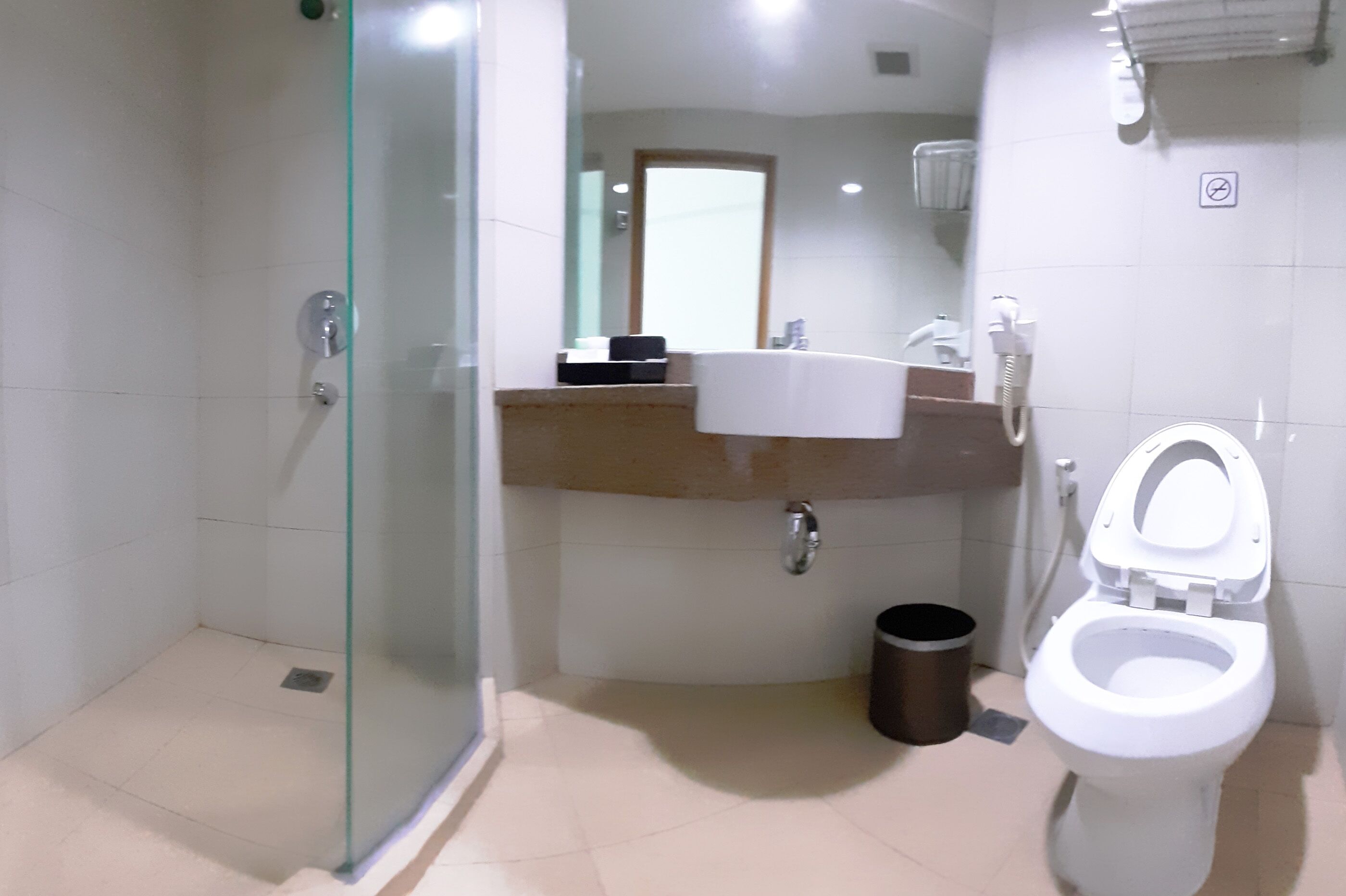 Een moderne badkamer met een douchecabine van glas, een wastafel met spiegel en een toilet.