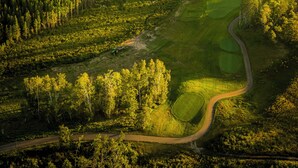 An aerial view of a golf course with a winding road, dense forest, and several water hazards. - Cragun's Resort & Hotel (Brainerd)