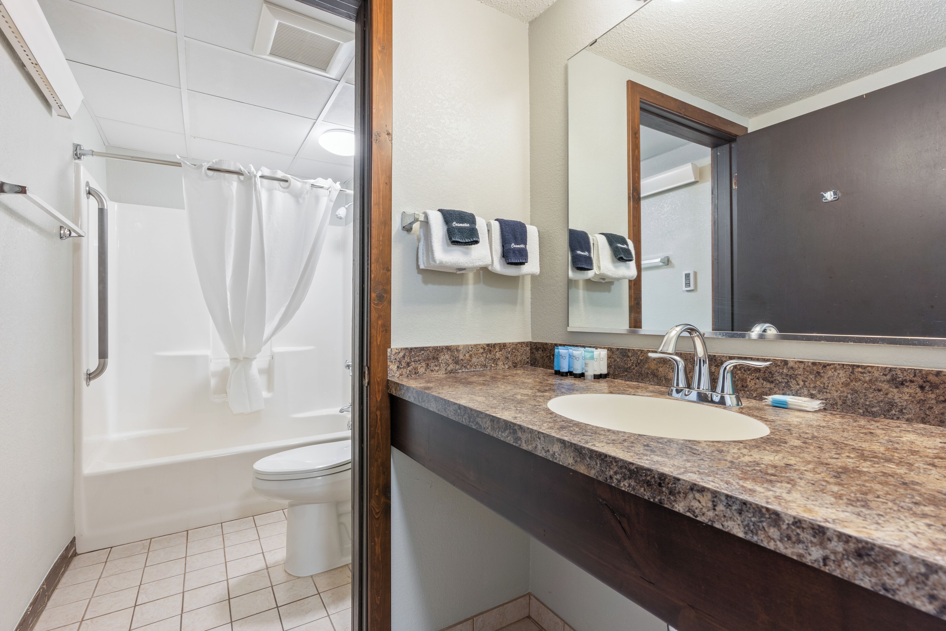 A modern bathroom with a shower, toilet, sink, and a large mirror.