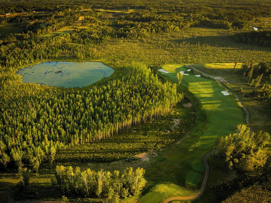 Vista aérea de un campo de golf con un estanque, rodeado de un bosque denso y un camino sinuoso.