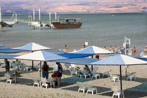 On the beach, sun-loungers, beach umbrellas, beach towels
