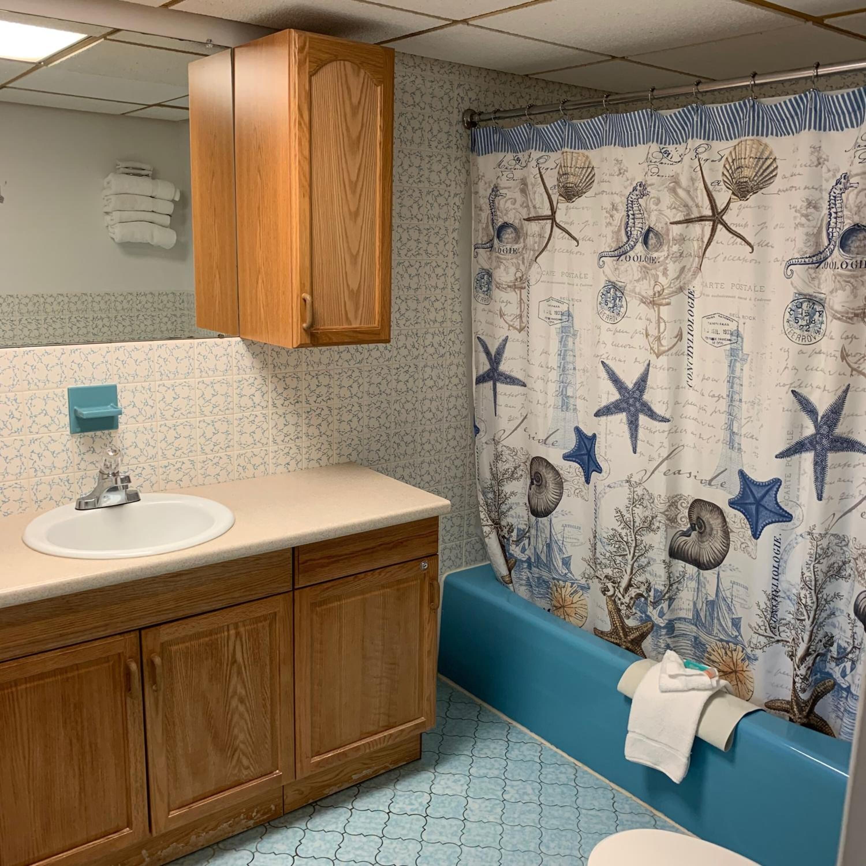 A bathroom with a wooden vanity, a sink, and a shower curtain with marine-themed designs.