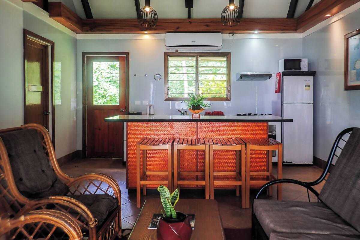 A compact living space with a kitchen area, wooden furniture, and a potted plant.
