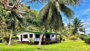 A small, single-story house with a green roof, surrounded by lush greenery and palm trees. - Daku Resort (Savusavu)