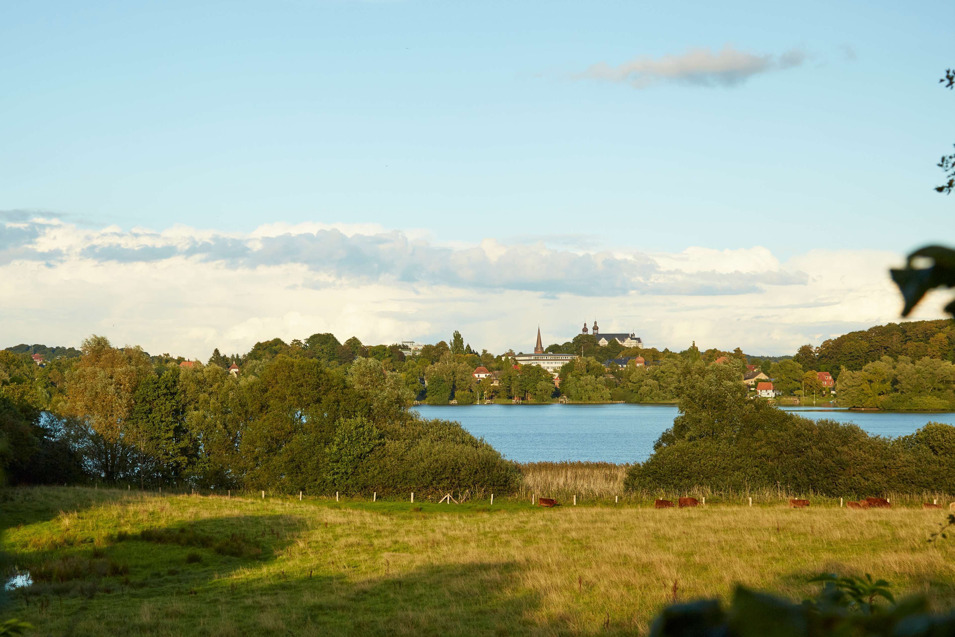 Vista a orilla de un lago, con una iglesia y edificios residenciales al fondo.