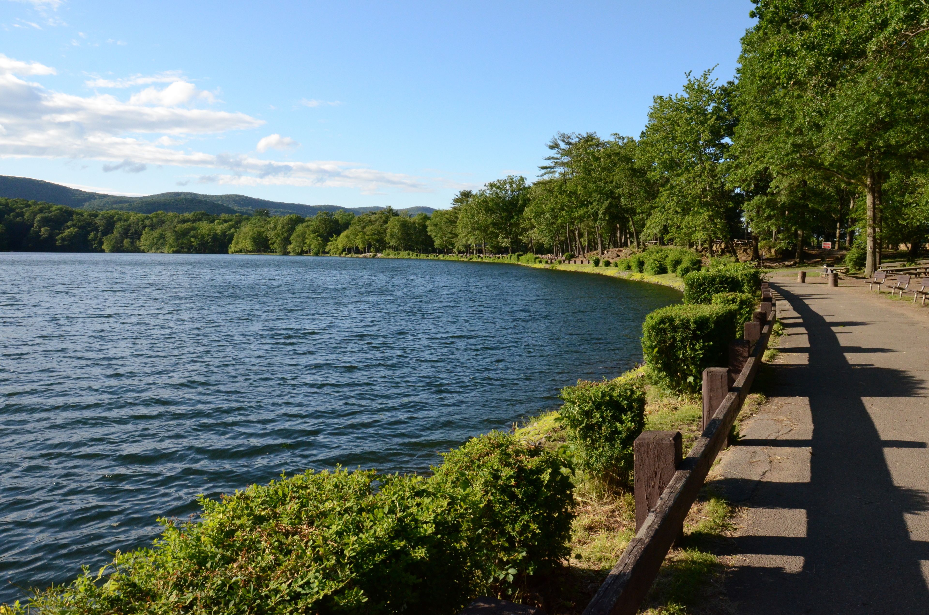 A lakeside walkway with a stone railing, surrounded by lush greenery and trees.