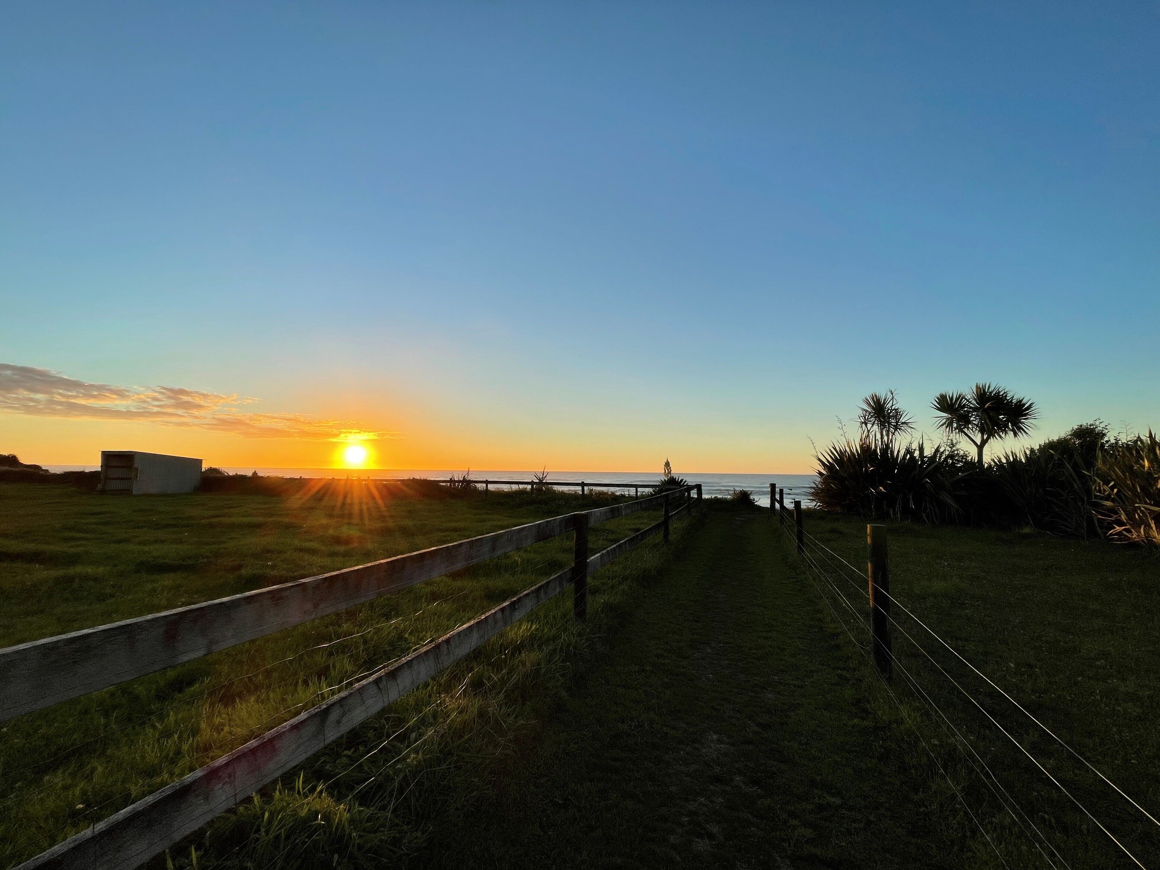 A pathway leading to a beach with a sunset in the background.