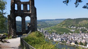 A historic stone structure with arches, a paved path, and a river with a town in the background. - Park Hotel (Traben-Trarbach)