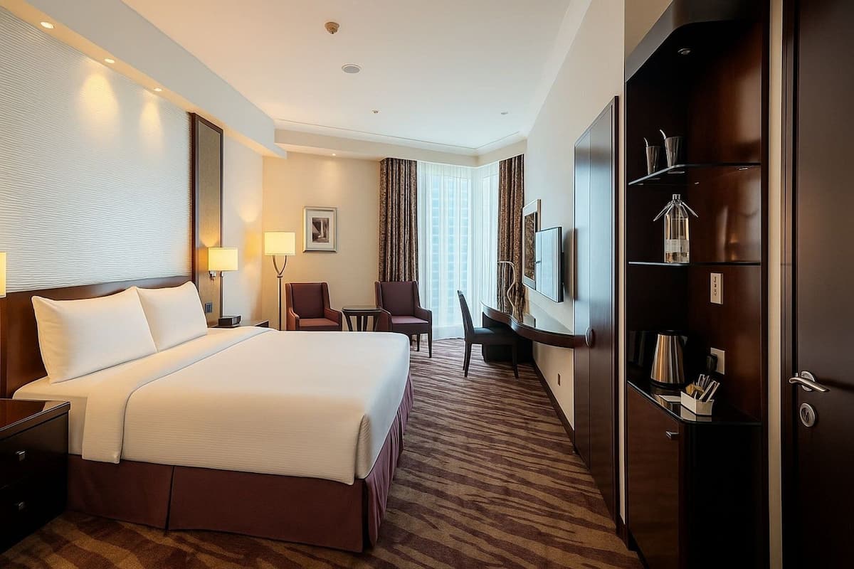 Habitación de hotel con una cama grande, un escritorio, una silla, un televisor y un minibar.