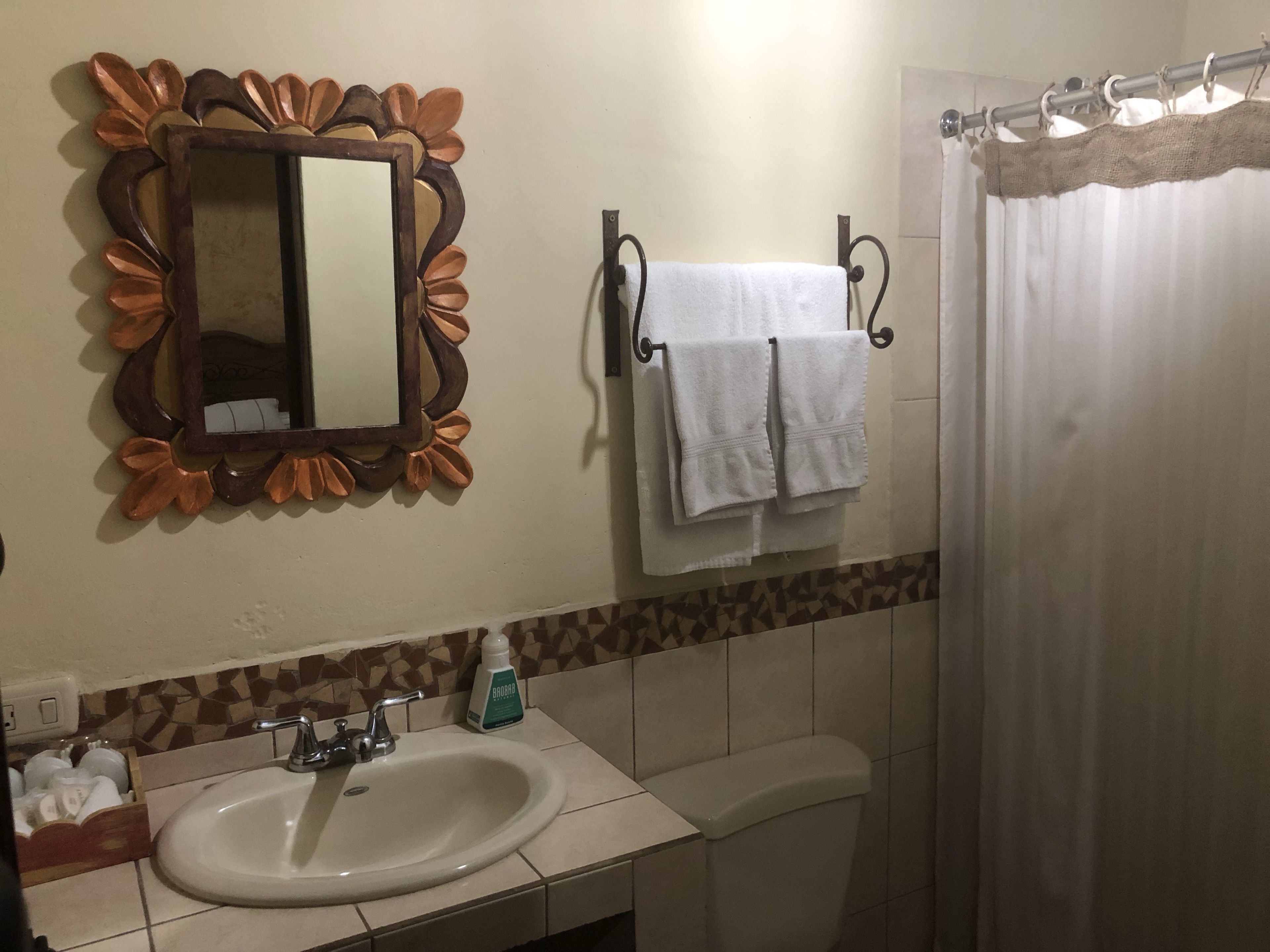 A bathroom with a sink, mirror, towel rack, and shower curtain.