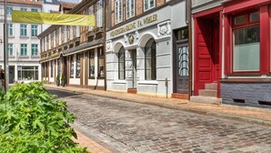 A street with traditional European architecture, including a building with a sign that reads "WELBEINDEUTIGFAHREIN DER KROSTENANDUNG FA WOHLER". - Weinhaus Wöhler (Schwerin)