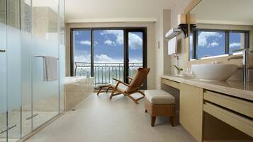 Premier King | Bathroom | Separate tub and shower, hair dryer, bathrobes, slippers