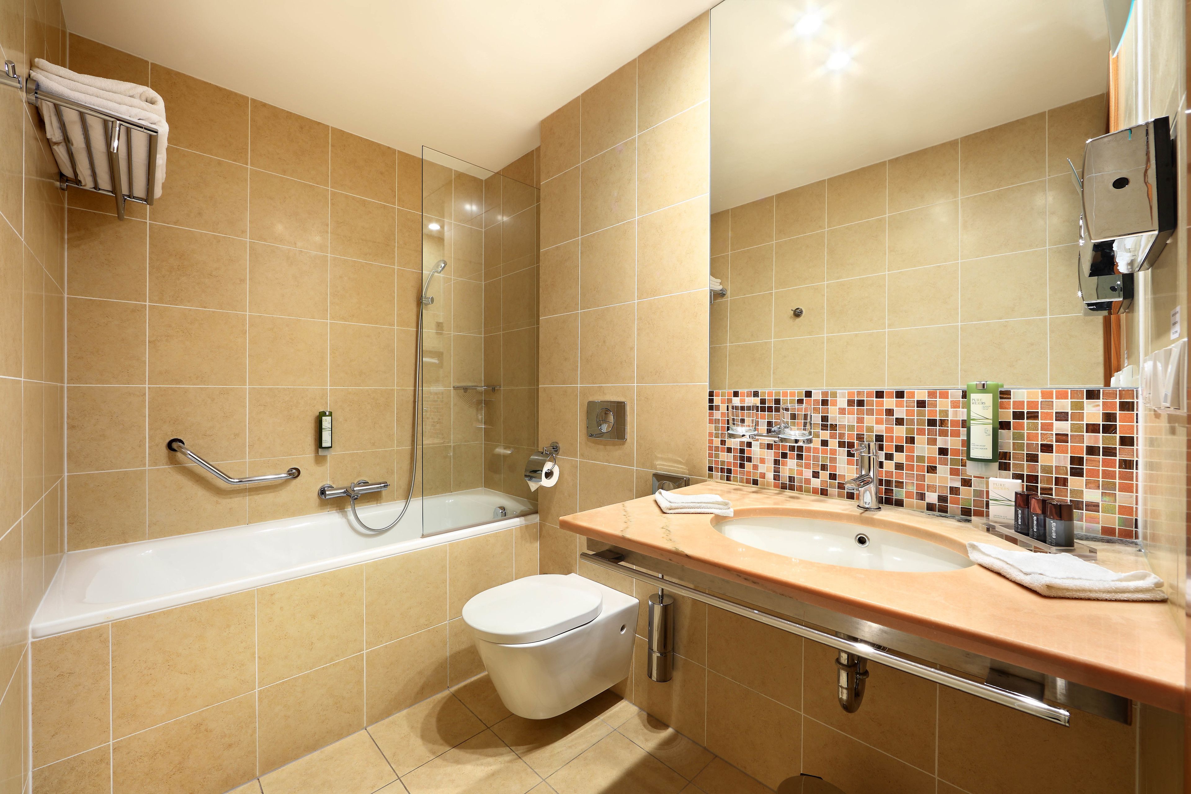 hair dryer, towels, soap, shampoo