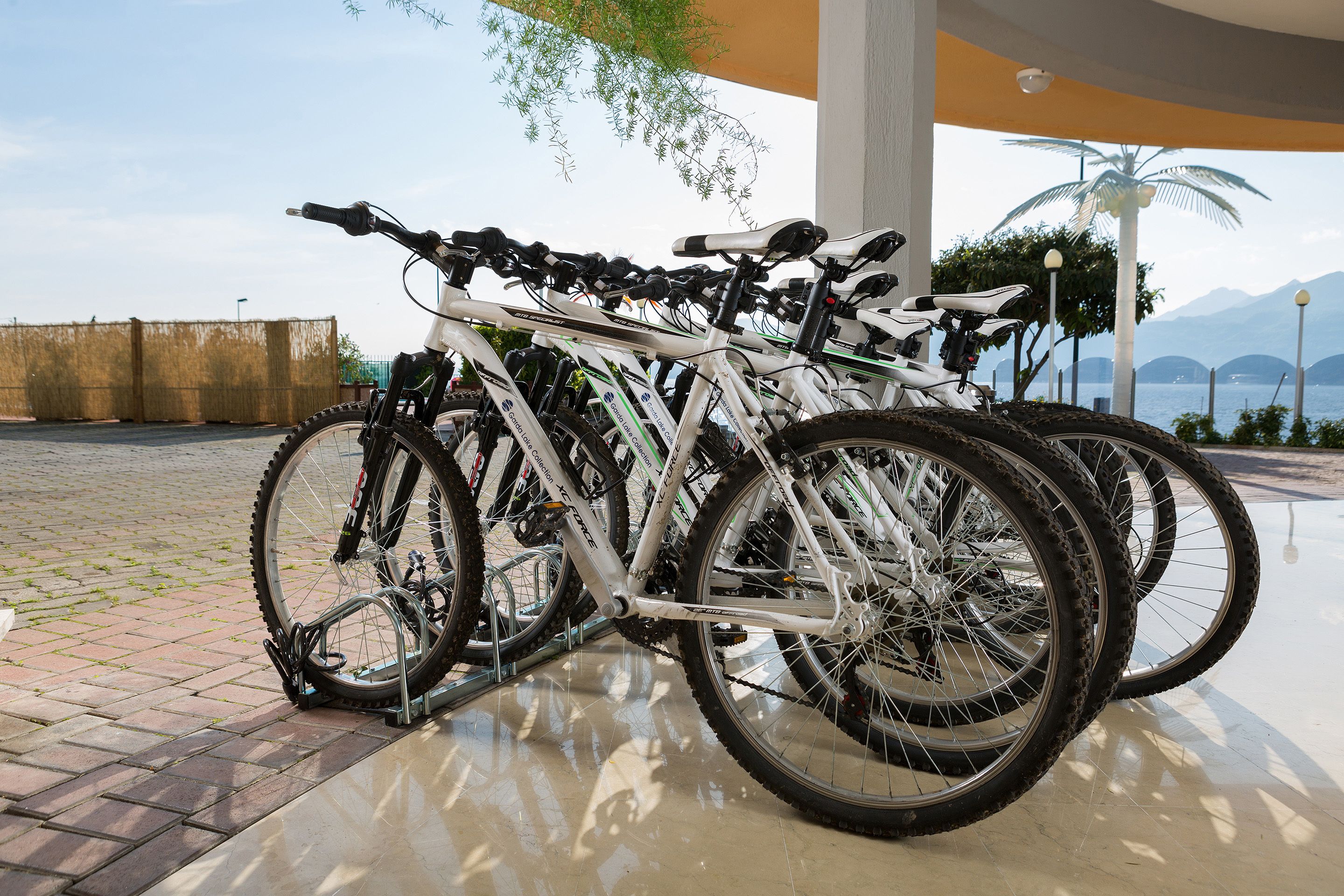 A row of bicycles parked under a covered area with a view of the sea and mountains in the background.