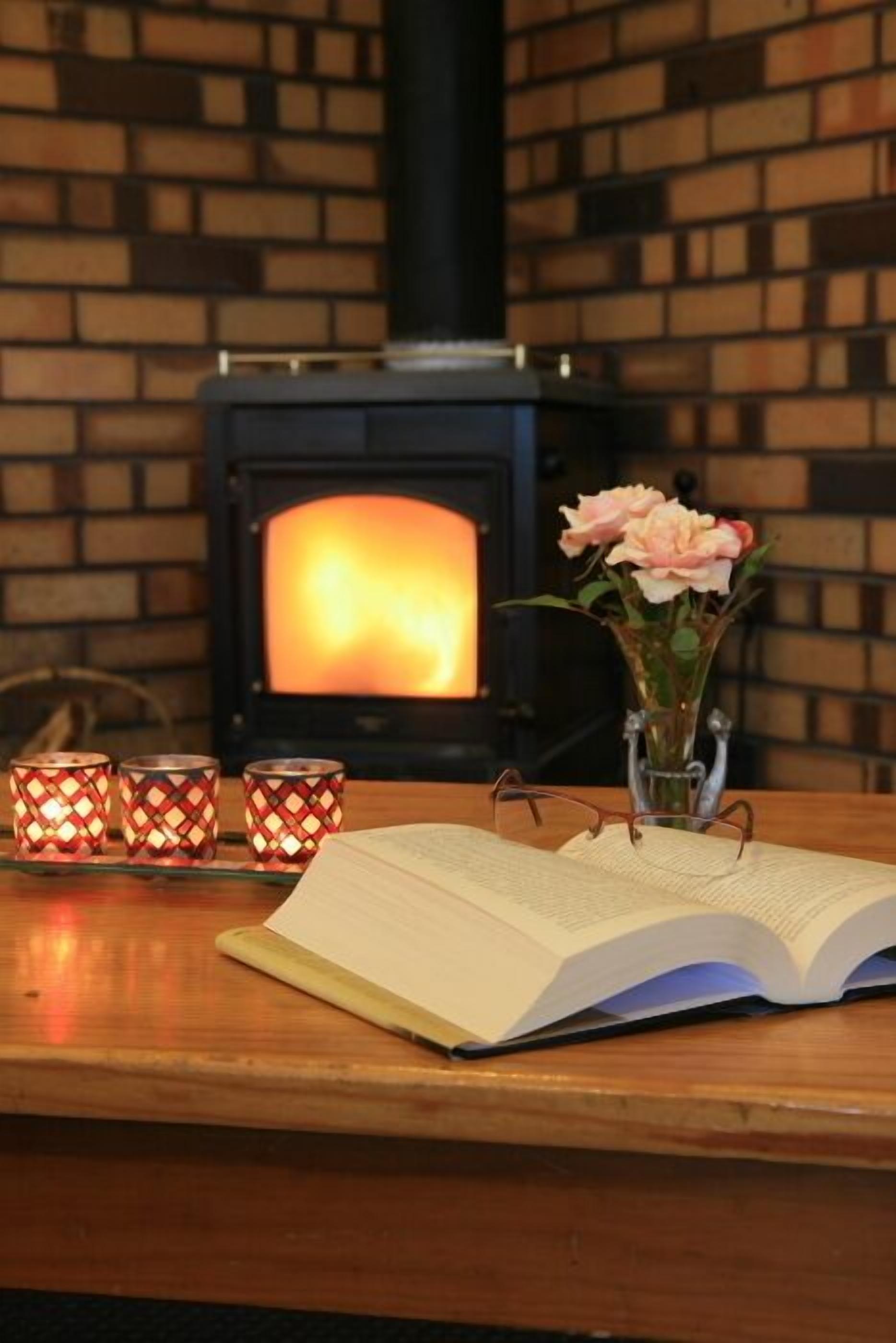 A cozy room with a brick wall, a fireplace, a book, and a vase with flowers.
