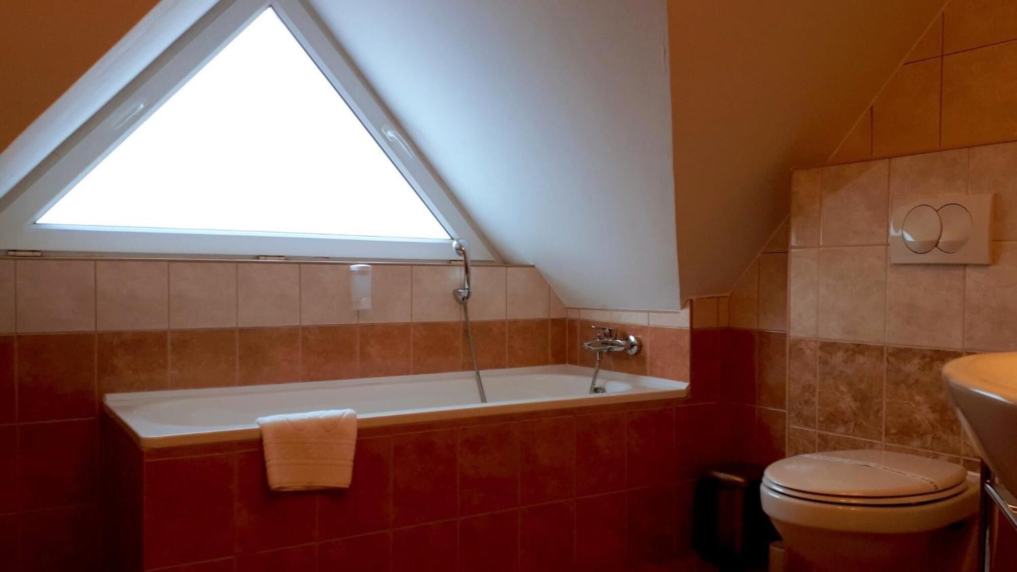 A bathroom with a skylight, a bathtub, a toilet, and a sink.