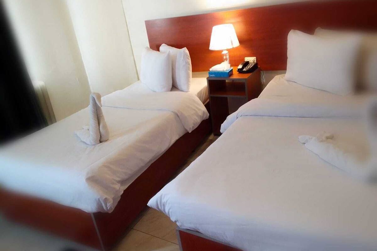 A hotel room with two beds, a nightstand with a lamp, and a telephone.