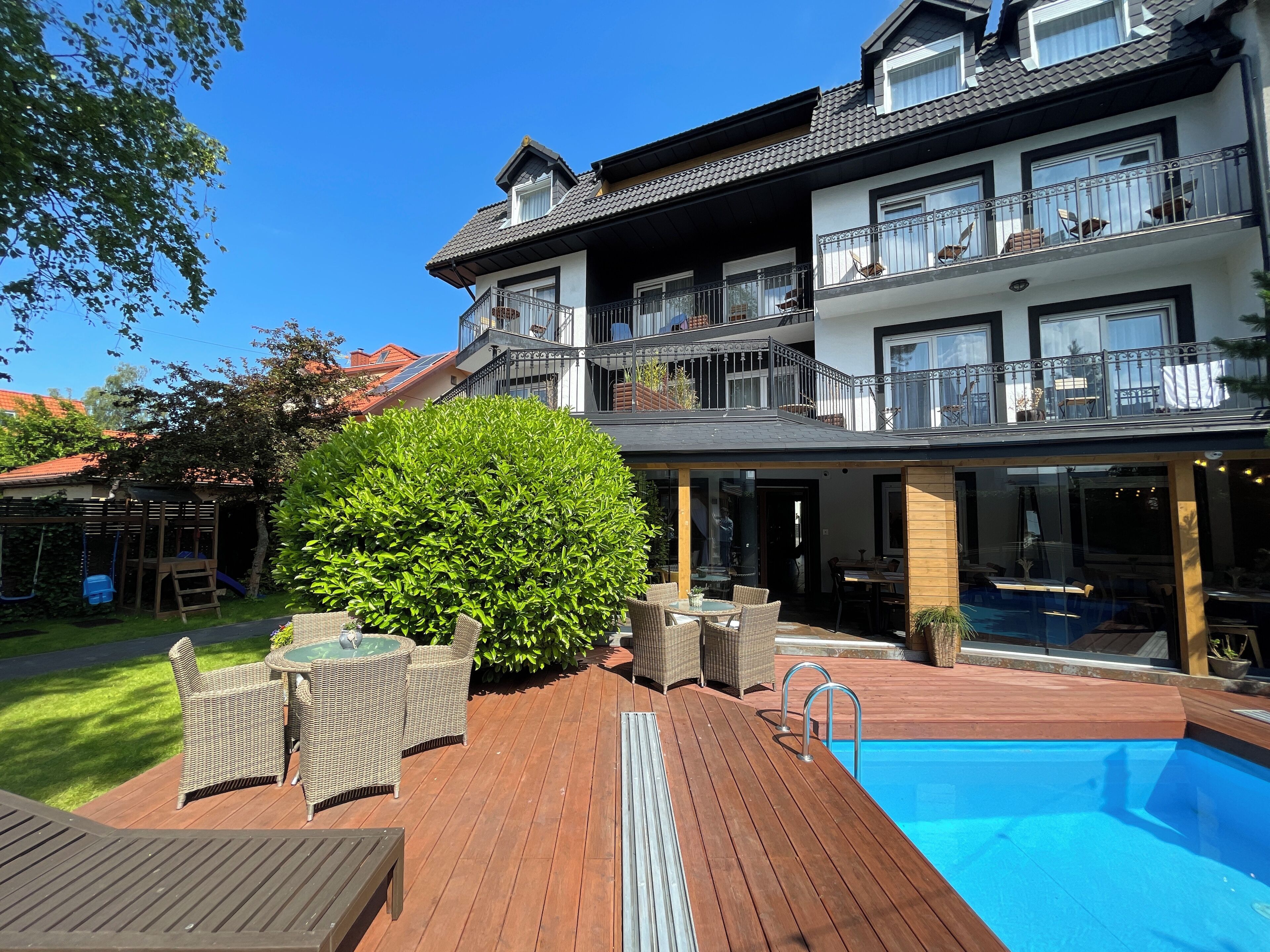 indoor pool, seasonal outdoor pool, pool loungers