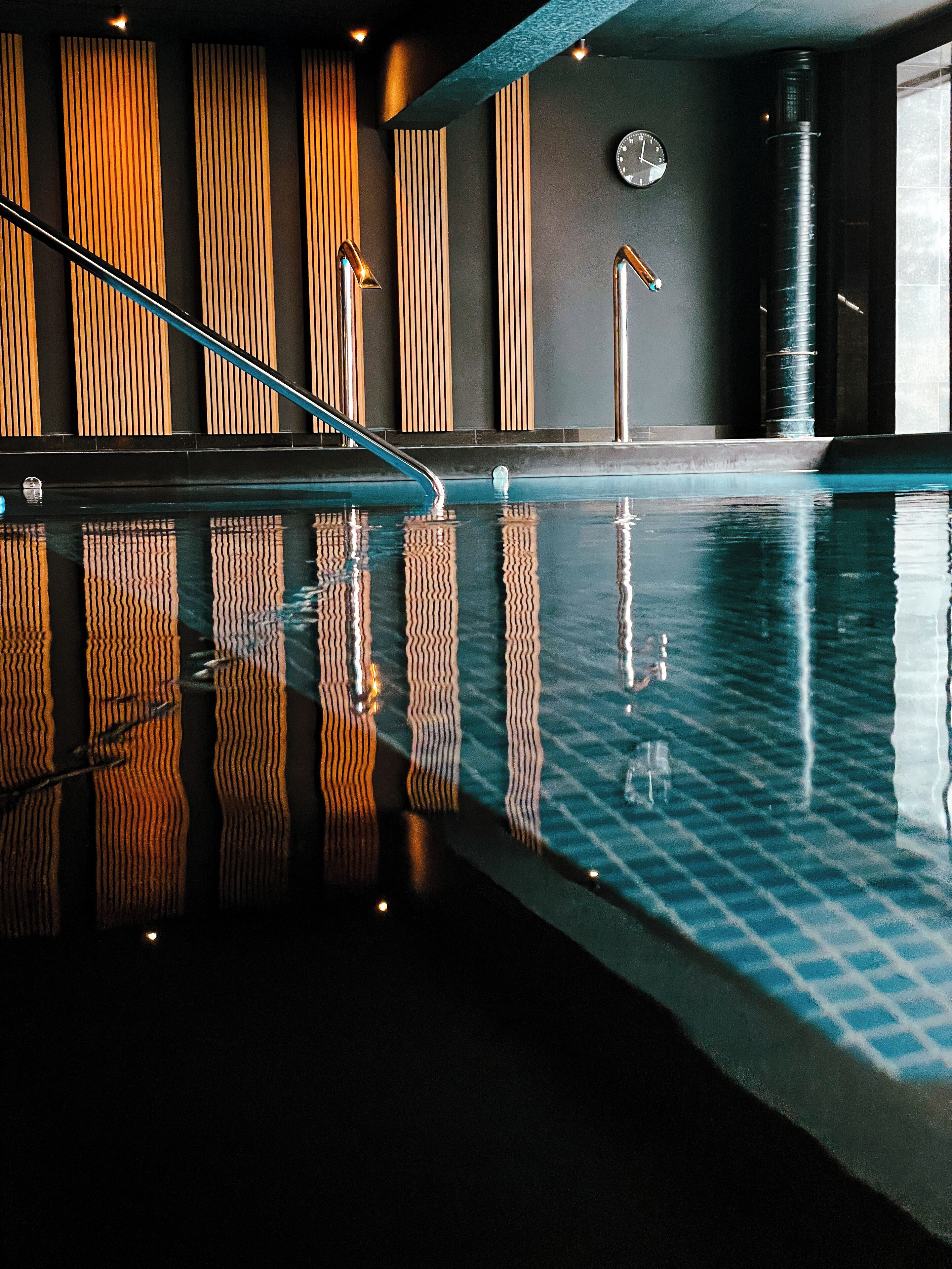 indoor pool, seasonal outdoor pool, pool loungers